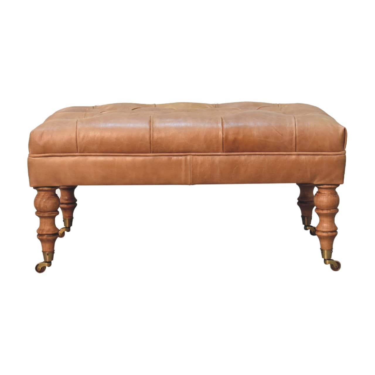 Artisan Furniture - Solid Wood Buffalo Tan Leather Ottoman with Castor Legs, Upholstered - Brown