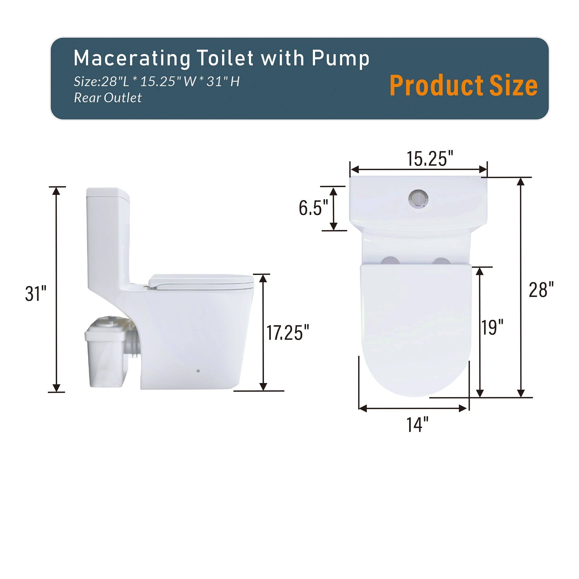 Macerating Toilet with Pump  
Size: 28"L * 15.25"W * 31"H  
Rear Outlet  

Product Size  
15.25"  
6.5"  
31"  
28"  
17.25"  
19"  
14"