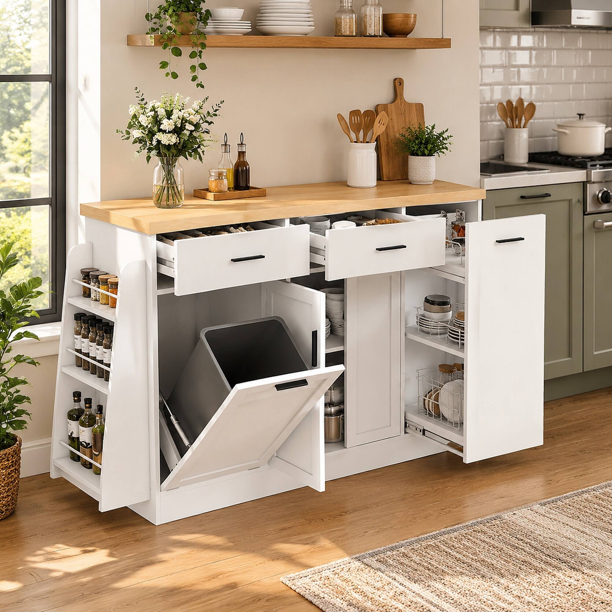 Angle. RYHNUYNE - Freestanding Multi-Functional Sideboard with Trash Can Storage, Sliding Door Cabinet and Spice Rack, White - White.