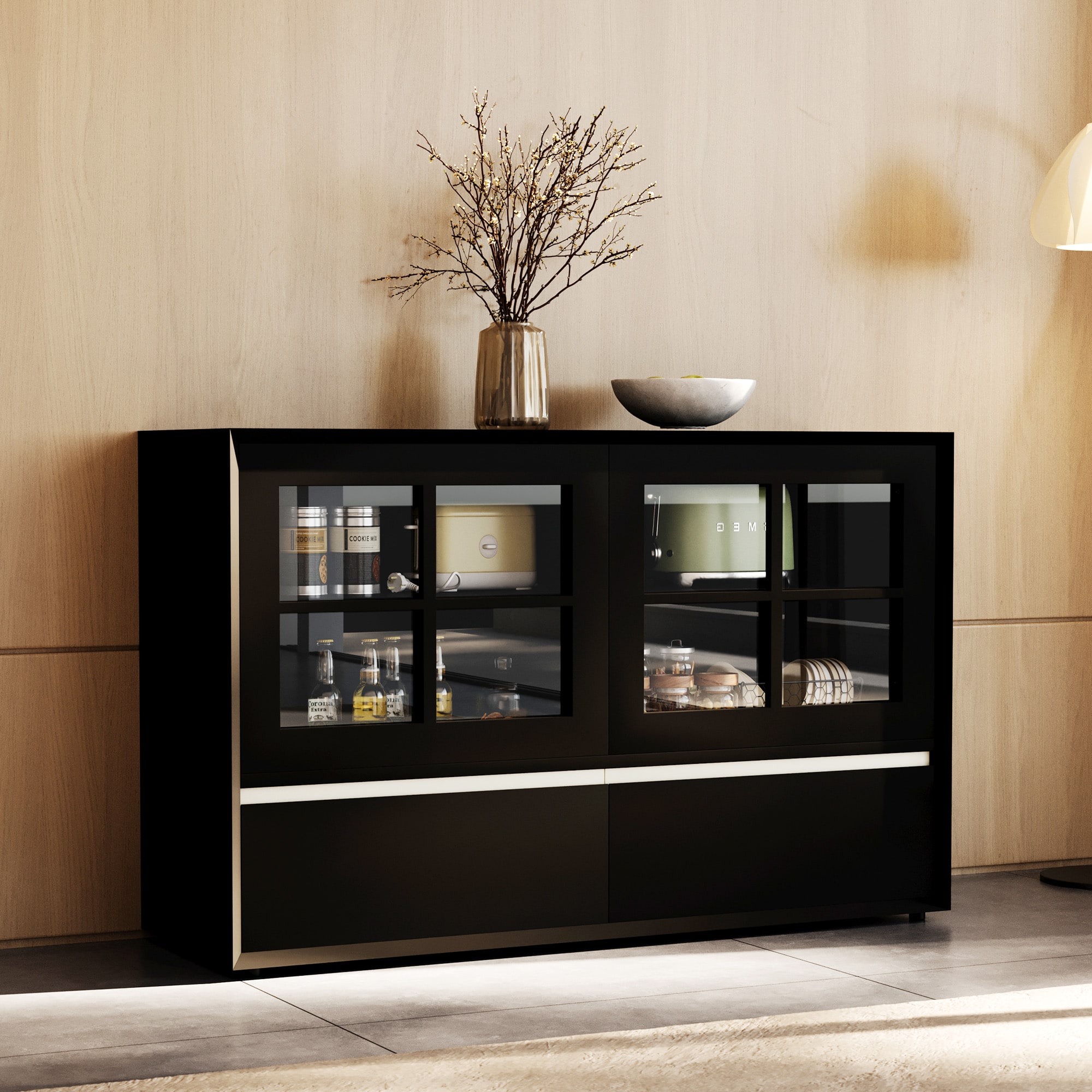 luck idea - Modern 47.04" Storage Cabinet with Push-to-Open Acrylic Doors, Solid Wood Plywood Frame, Adjustable Shelves & 2 Drawers - Black