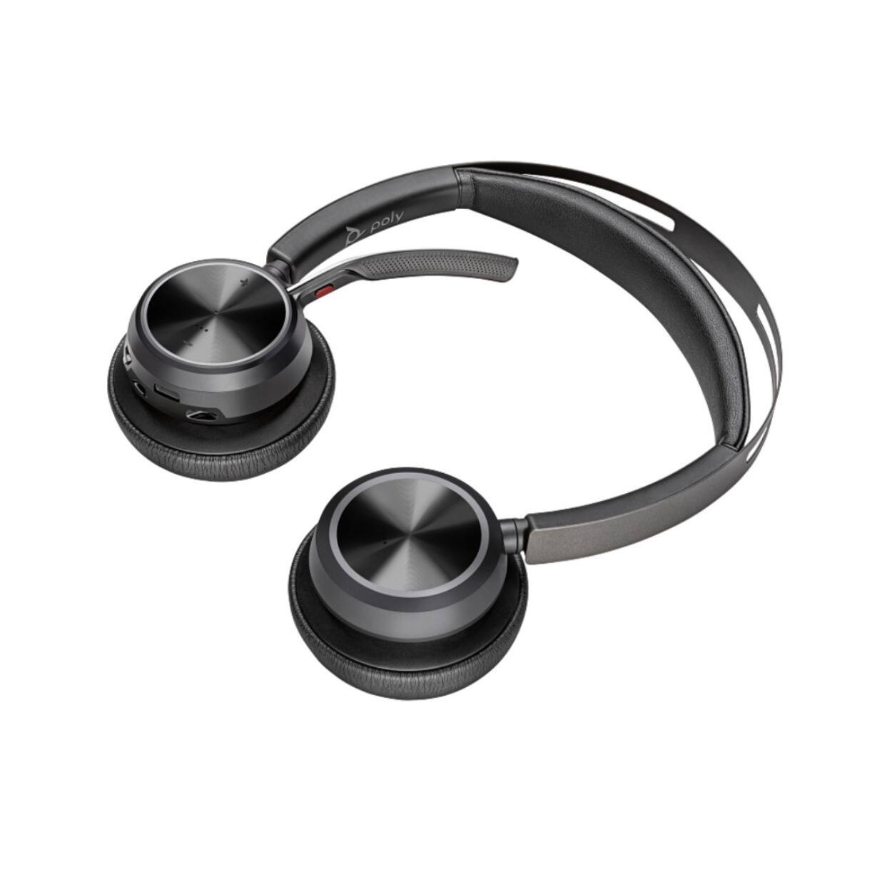 Angle. HP - Poly Voyager Focus 2 USB-C-C Headset +USB-C/A Adapter + Charging Stand - Google Assistant, Siri - Stereo - USB Type C - - Black.