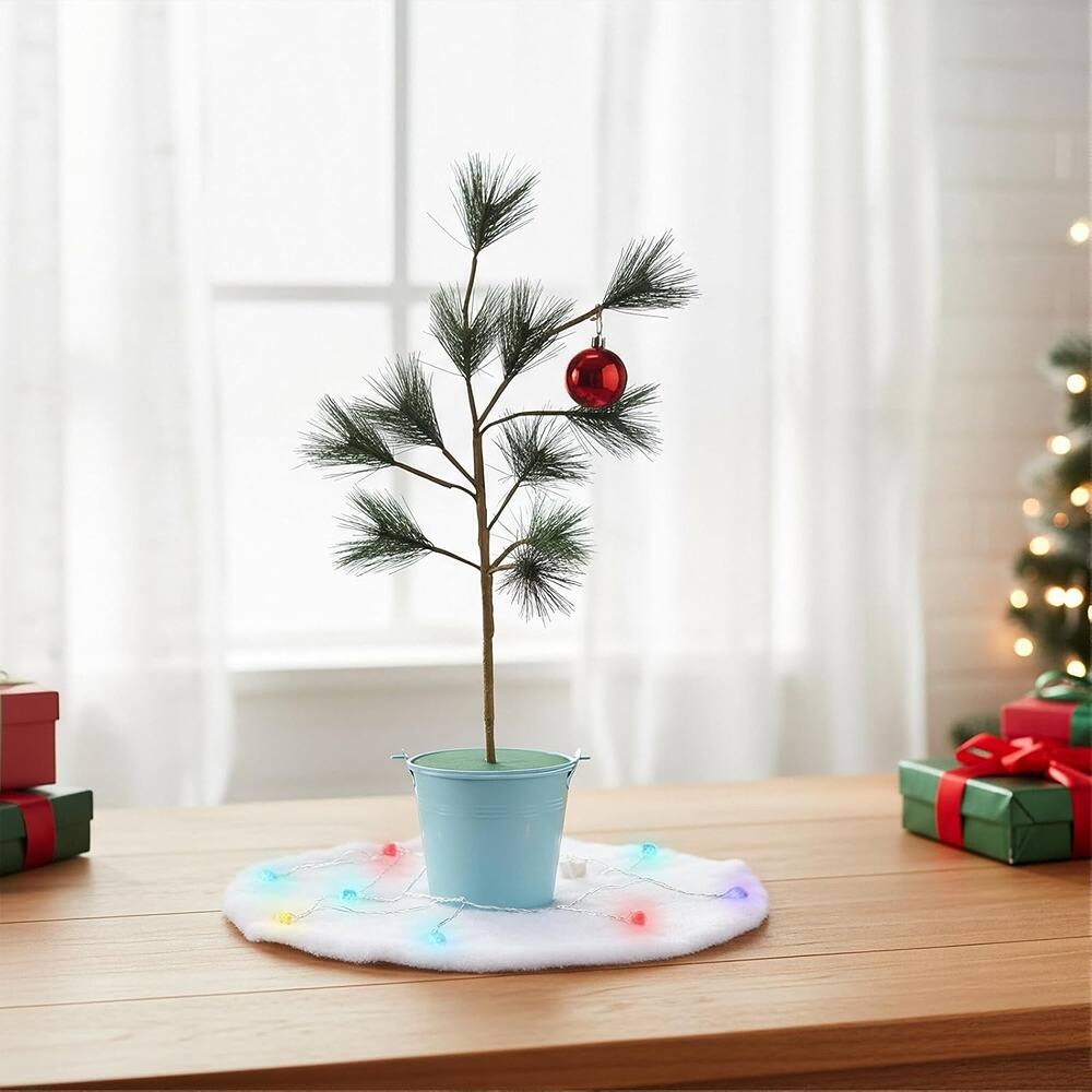 Front. RTMB - 24-Inch Tabletop Christmas Tree with Lights, Red Ornaments, Blue Bucket - Multicolored.