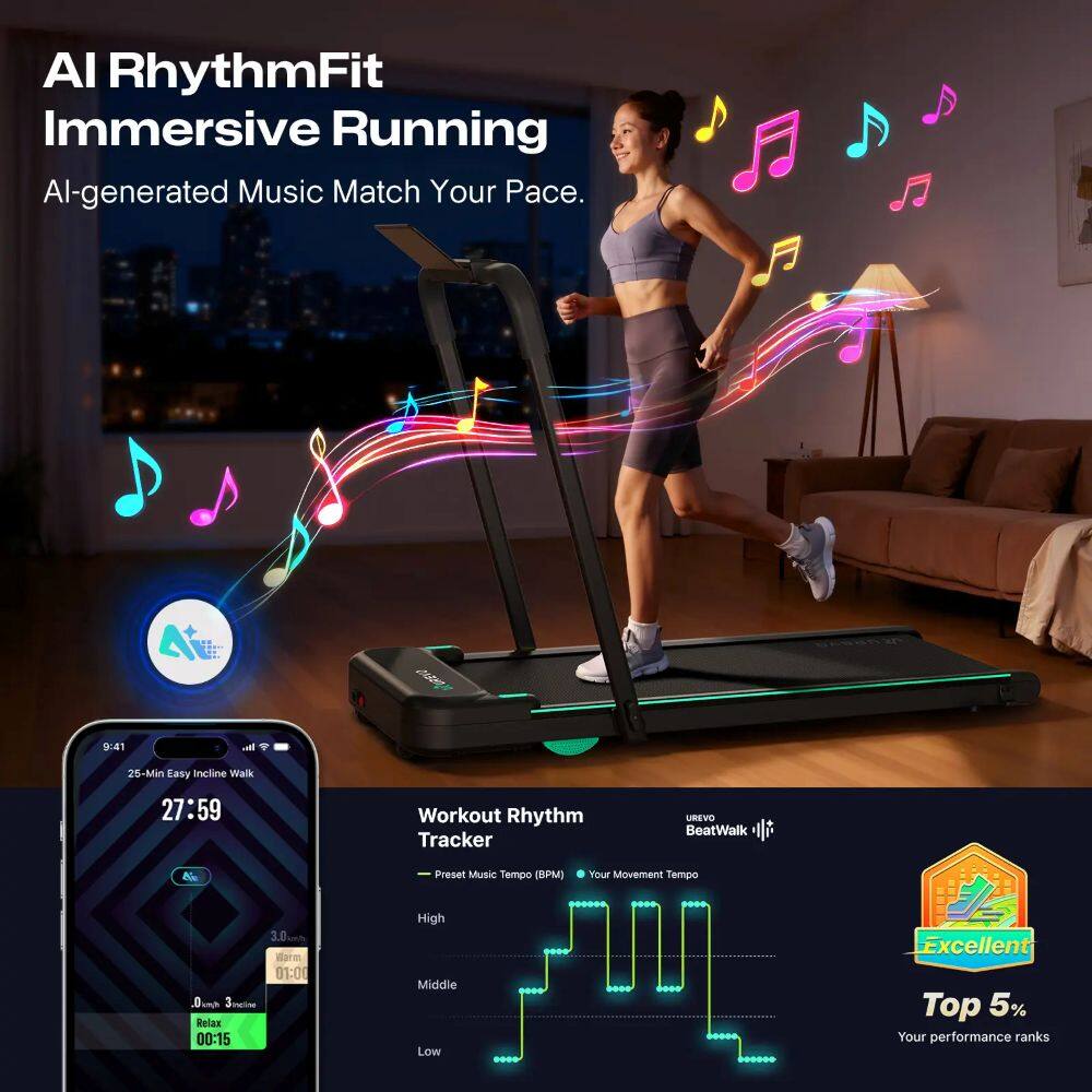 AI RhythmFit Immersive Running  
AI-generated Music Match Your Pace.

9:41  
25-Min Easy Incline Walk  
27:59

Workout Rhythm Tracker  
Preset Music Tempo (BPM) Your Movement Tempo  
3.0~  
Marm 01:00  
3mw Relax 00:15

High Middle Low  
Excellent  
Top 5%  
Your performance ranks