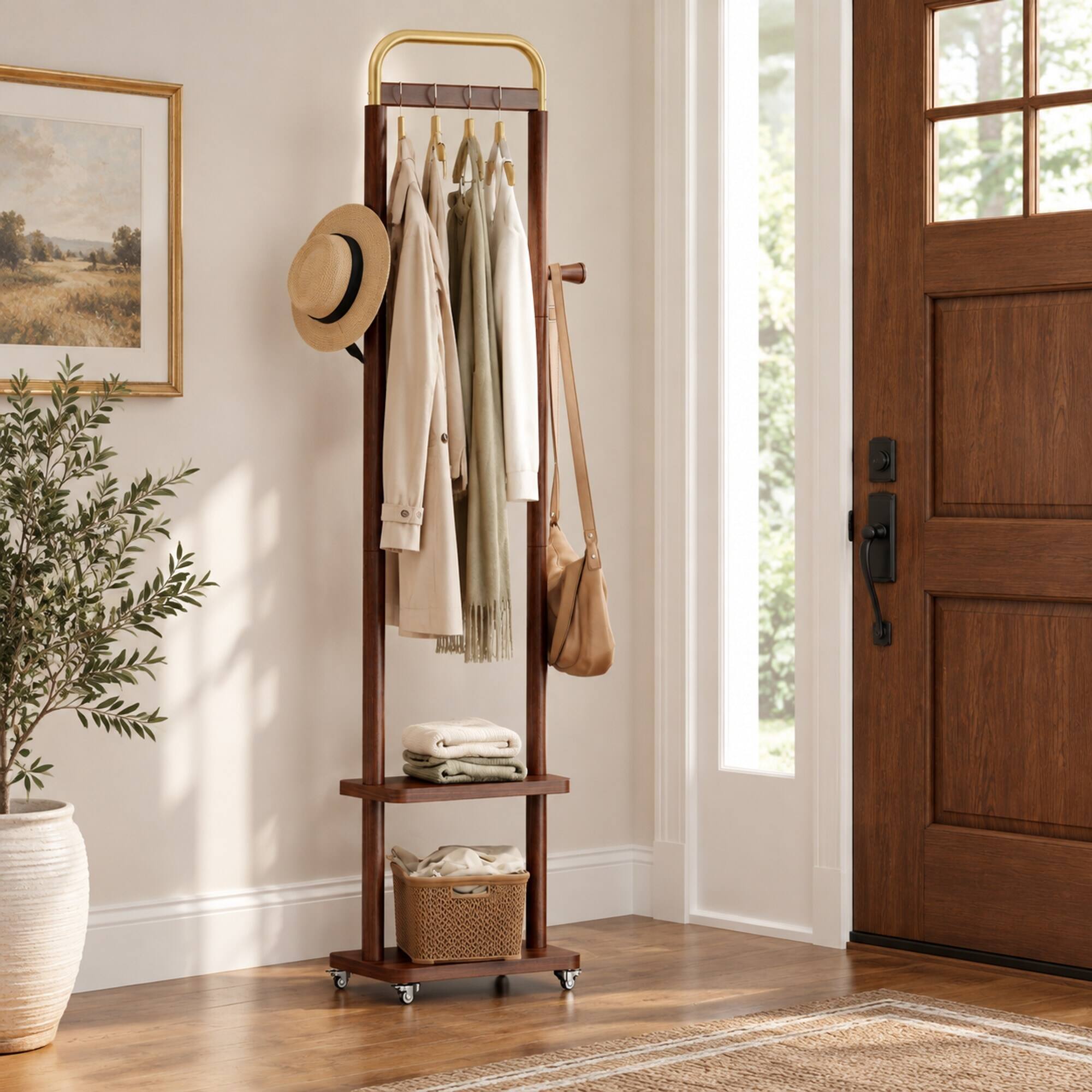 RYHNUYNE Solid Wood Coat Rack, 15.7 x 11.8 x 71 in, Finish, 4 Tier ...