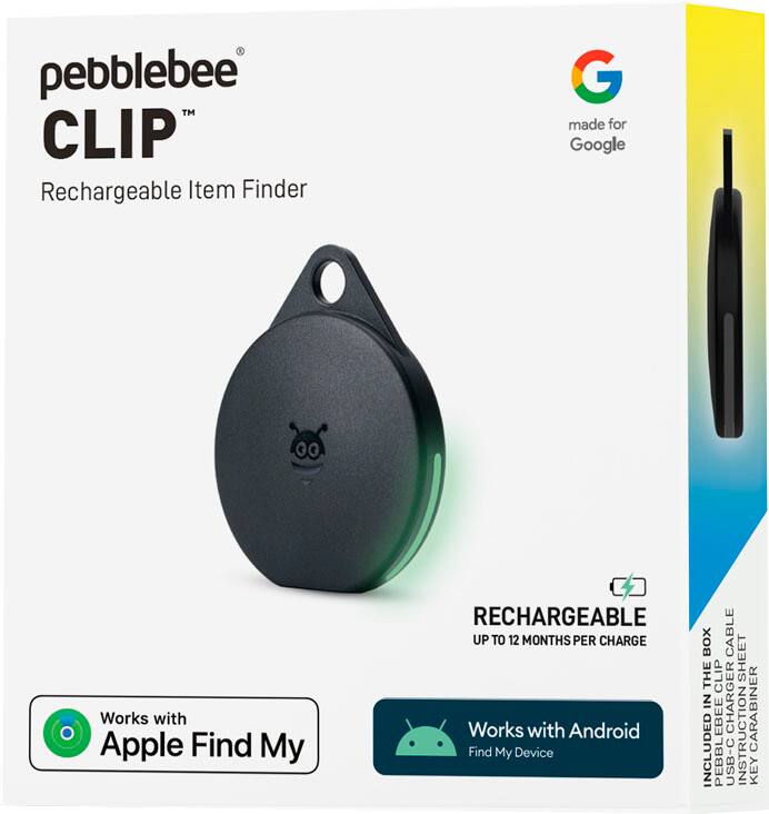 Pebblebee TM CLIP Rechargeable Item Finder G made for Google Works with Apple Find My RECHARGEABLE UP TO 12 MONTHS PER CHARGE BOX CABLE THE CLIP SHEET Works with Android IN EBE CHARGER INCLUDED PEBBL USB-C KEY INSTRUCTION CARABINER Find My Device