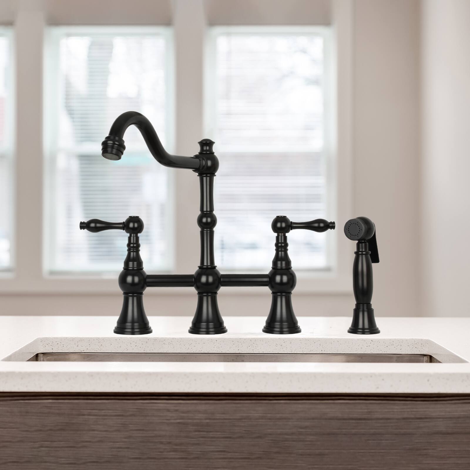 Alt View 3. Akicon - Akicon Solid Brass Bridge Kitchen Faucets with Side Sprayer 2 Lever Handles in Matte Black - Matte Black.