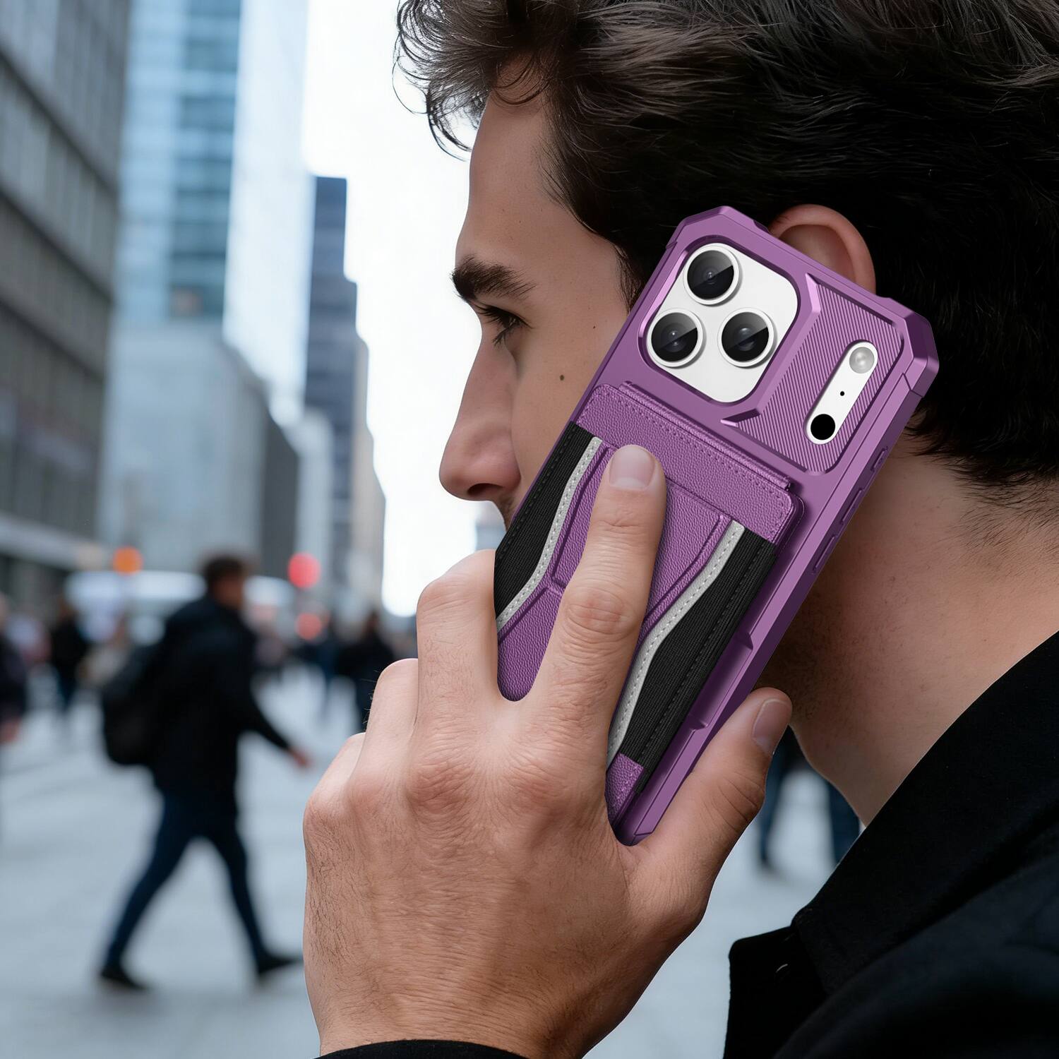 Alt View 3. Dteck - Rugged Wallet Case for Apple iPhone 17 Pro Max, Shockproof Protective Cover with Elastic Card Holder and Kickstand - Purple.