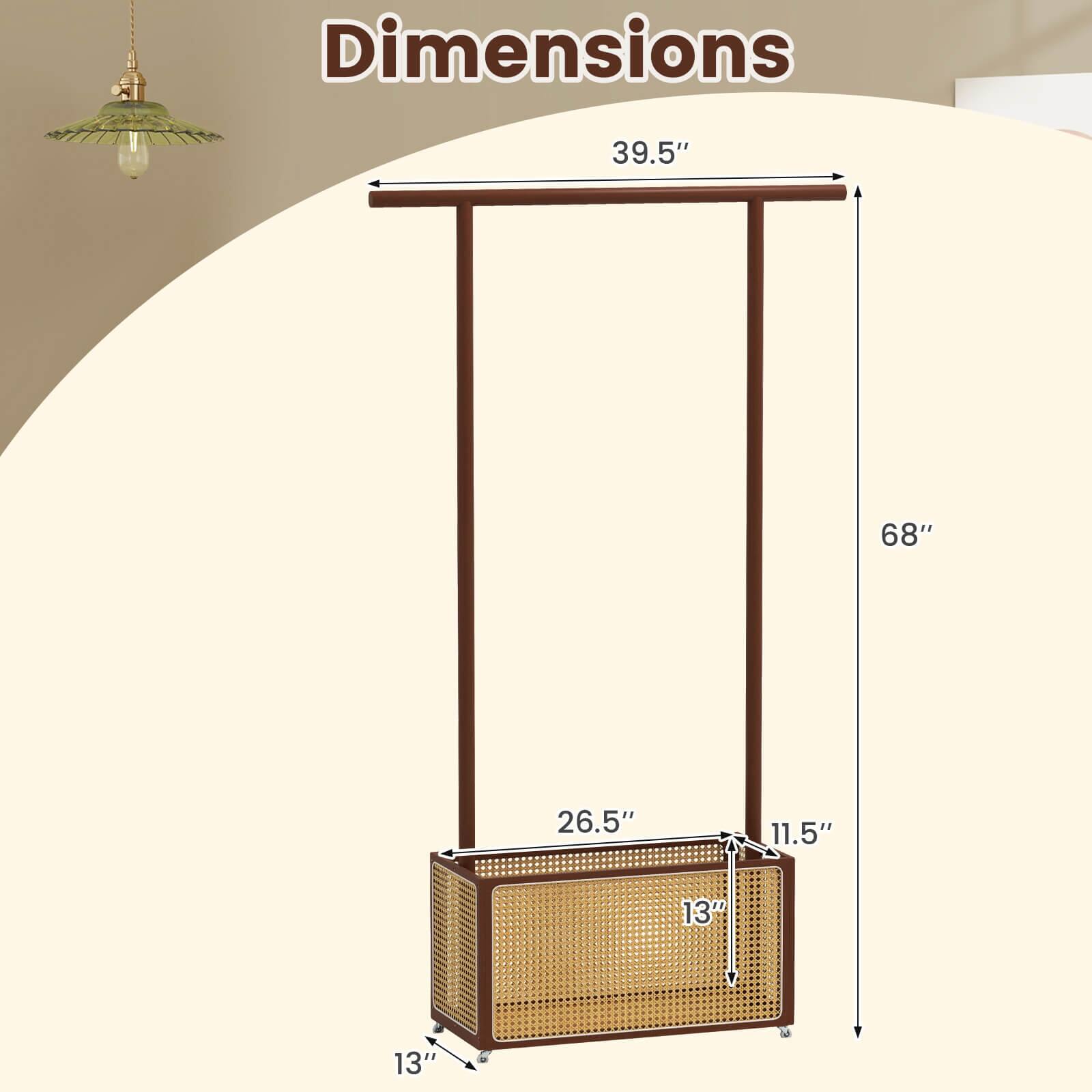 Dimensions:  
- Height: 68"  
- Width: 39.5"  
- Depth: 26.5"  
- Basket Width: 13"  
- Basket Depth: 13"  
- Basket Height: 11.5"  
- Base Width: 13"