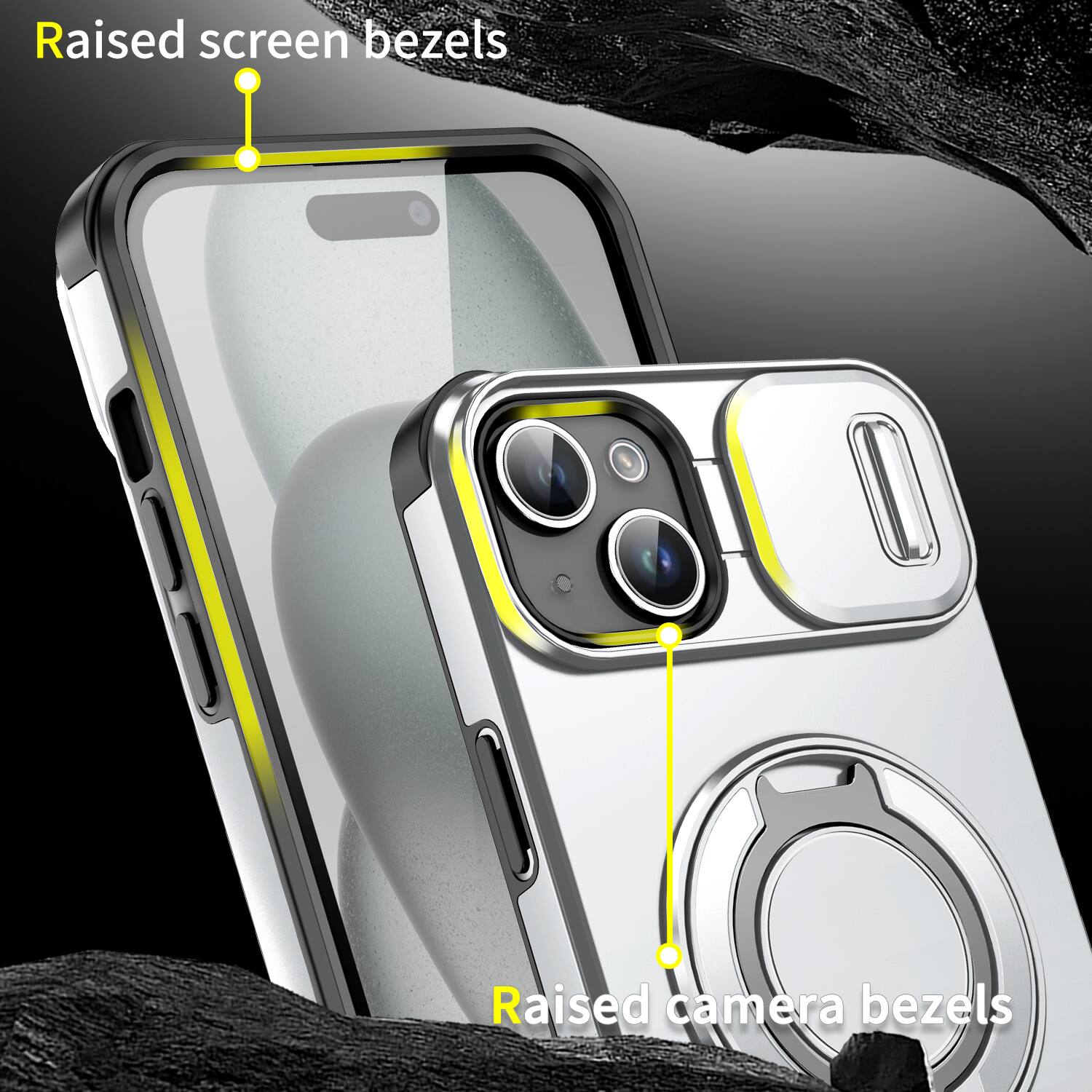 Raised screen bezels  
Raised camera bezels
