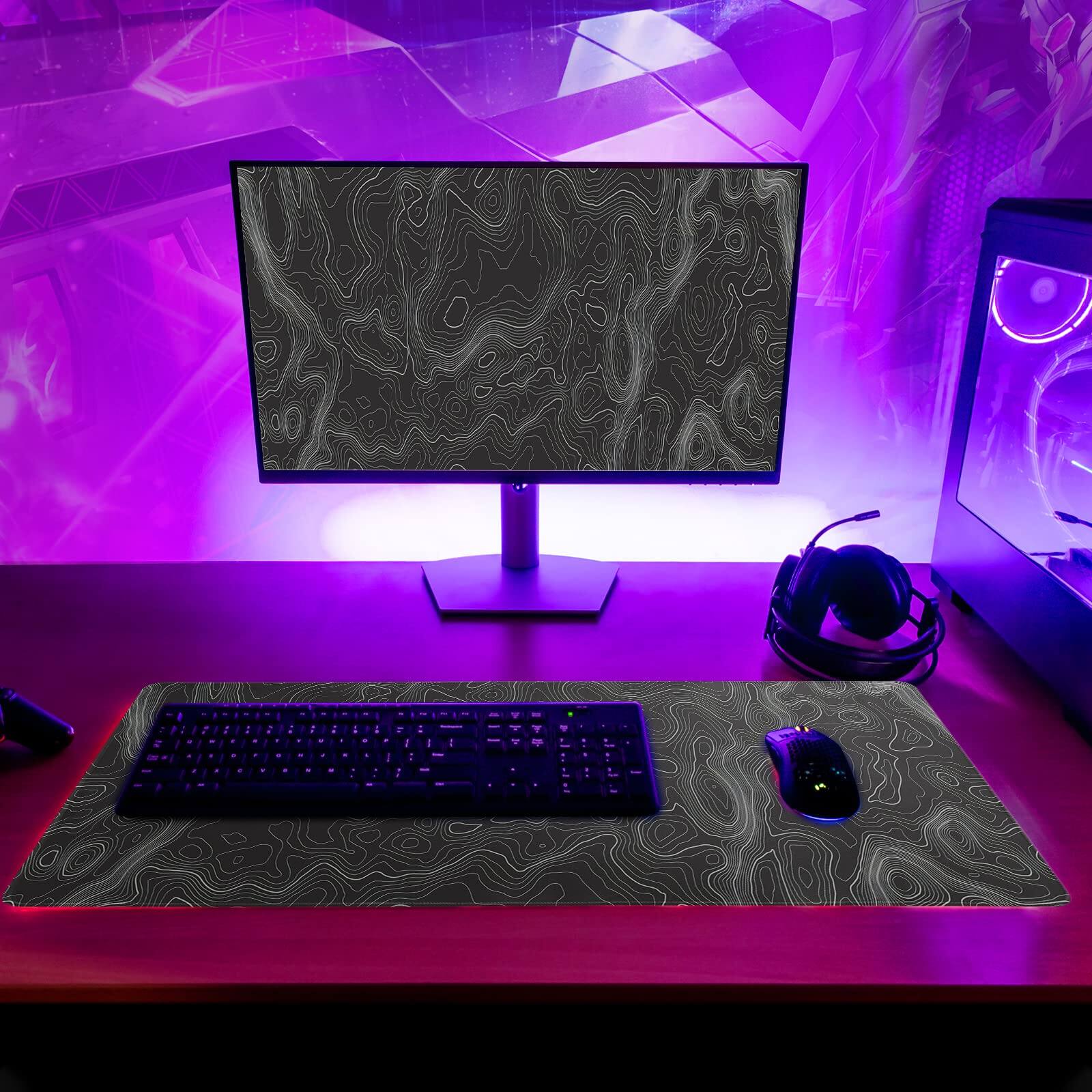 Back. Fabibe - Topographic Contour Extended Big Mouse Pad Large Gaming Desk 27.6x11.8 Inch Long Computer Mat Mousepad With 3mm Non-s... - White Topographic Contour.