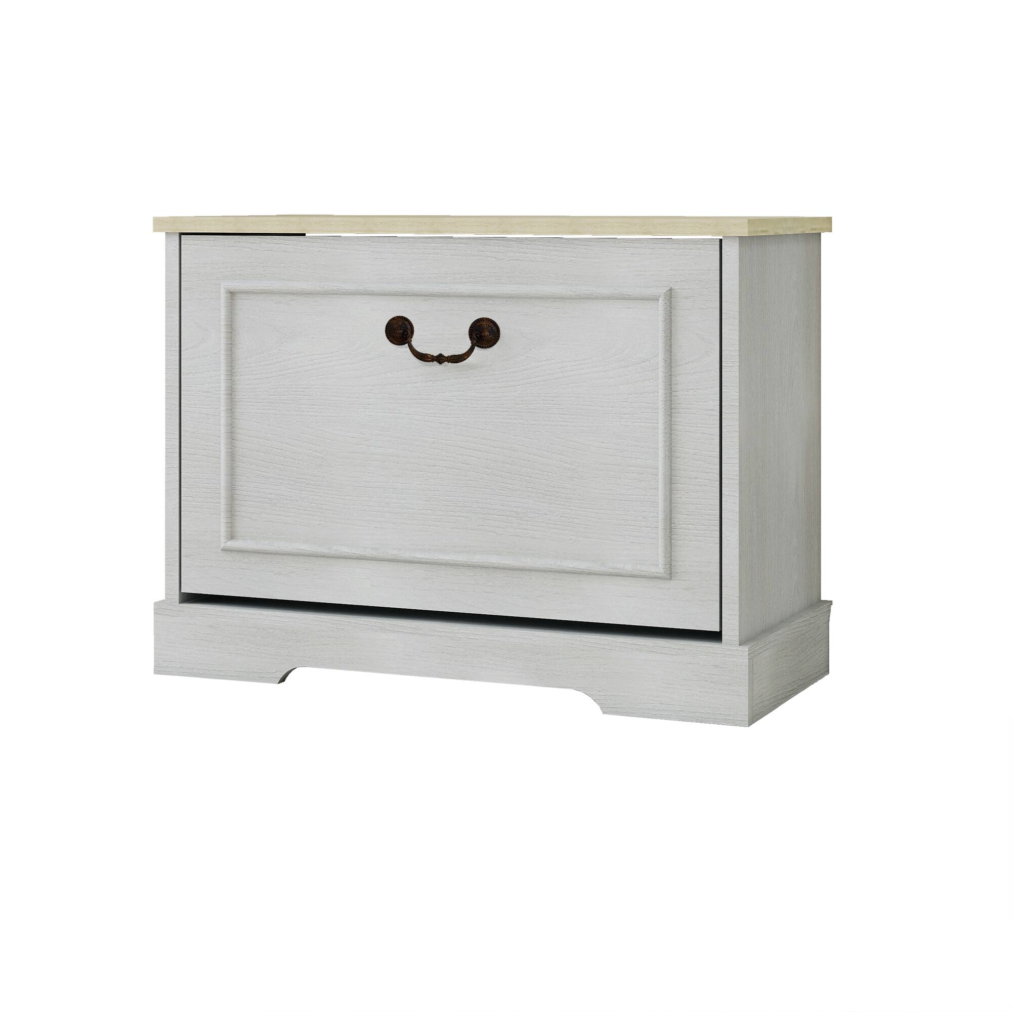 Angle. Whisen - Entryway Shoe Storage Bench with Flip-Top Drawer, Space-Saving Shoe Cabinet with Seat - White.