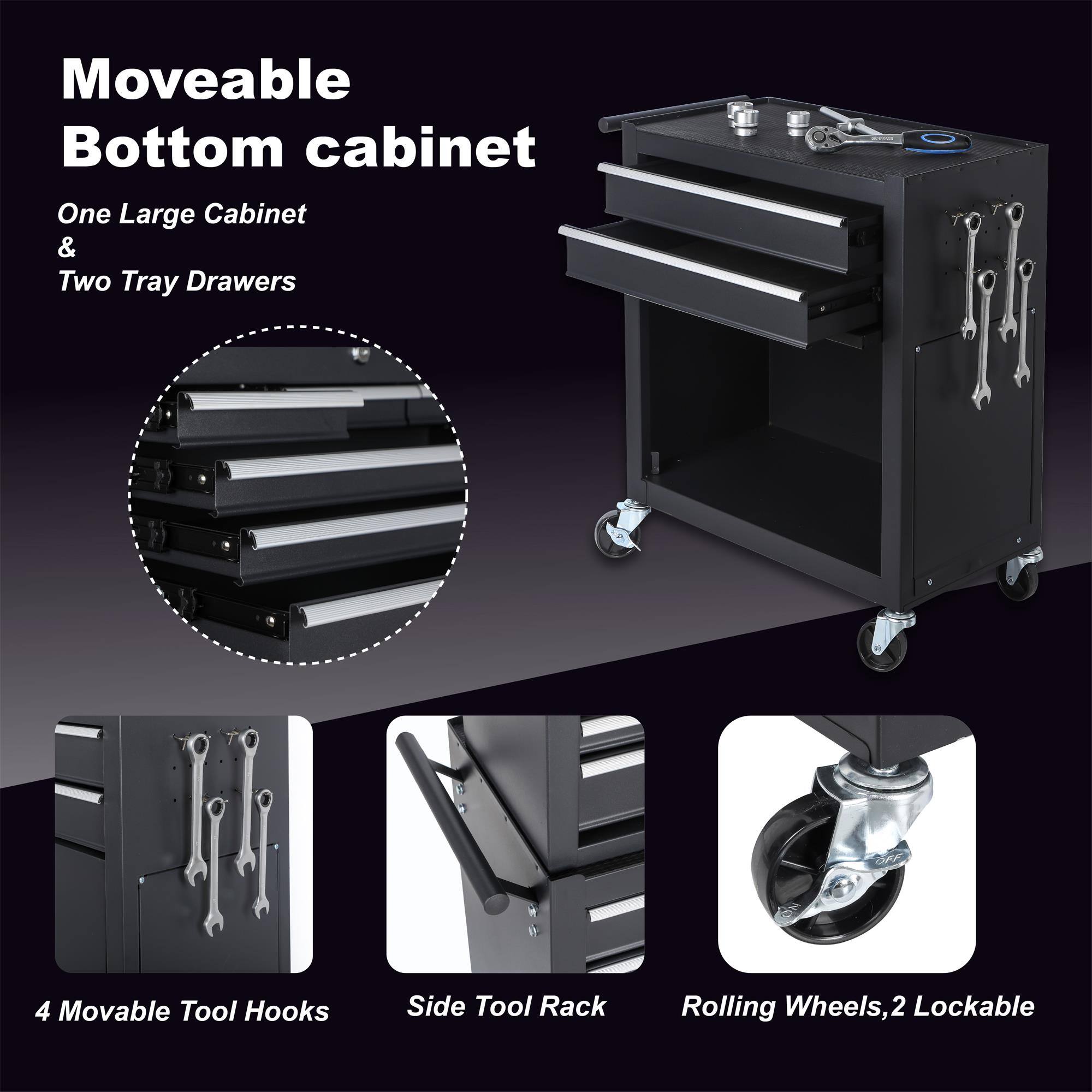 Moveable Bottom cabinet  
One Large Cabinet & Two Tray Drawers  
4 Movable Tool Hooks  
Side Tool Rack  
Rolling Wheels, 2 Lockable