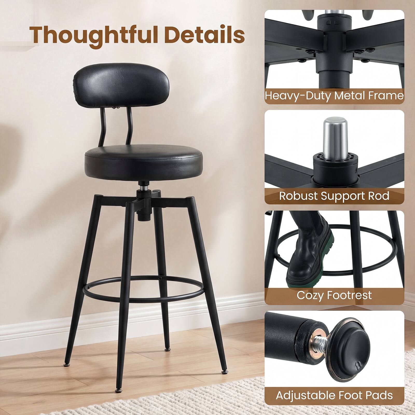 Thoughtful Details

- Heavy-Duty Metal Frame
- Robust Support Rod
- Cozy Footrest
- Adjustable Foot Pads