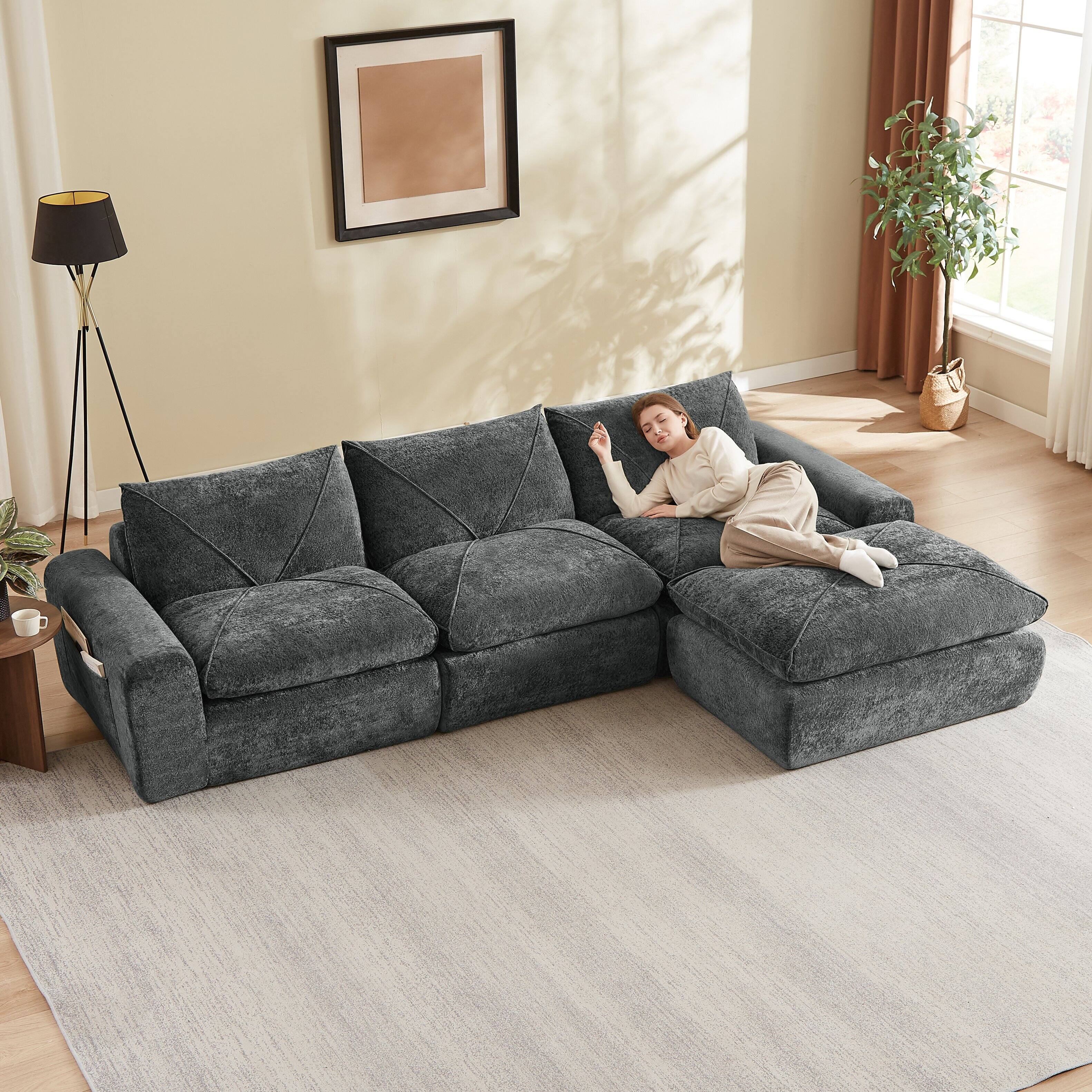 Alt View 1. Loheer - Loheer Chenille Sectional Sofa 119 Inch Modern Minimalist Couch with Ottoman - Dark Gray.