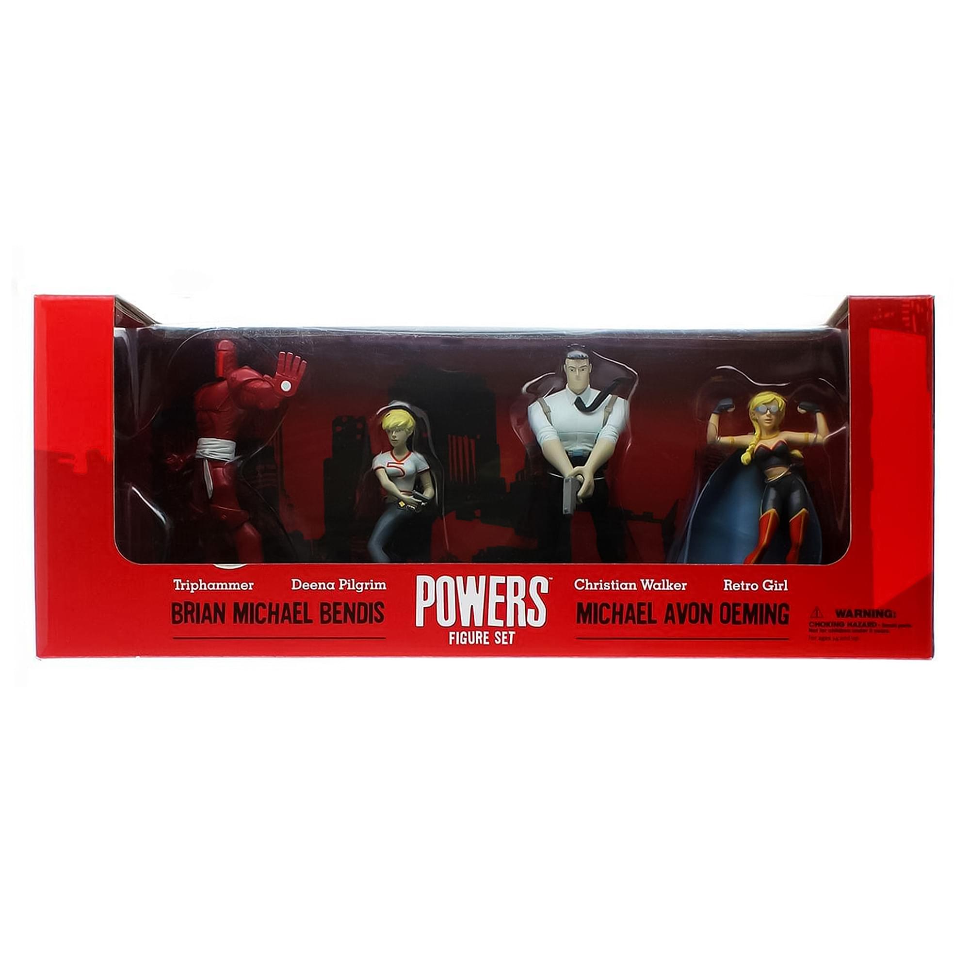 Triphammer  
Deena Pilgrim  
Christian Walker  
Retro Girl  

POWERS  
FIGURE SET  

BRIAN MICHAEL BENDIS  
MICHAEL AVON OEMING  

WARNING: CHOKING HAZARD - Small parts. Not for children under 3 years.