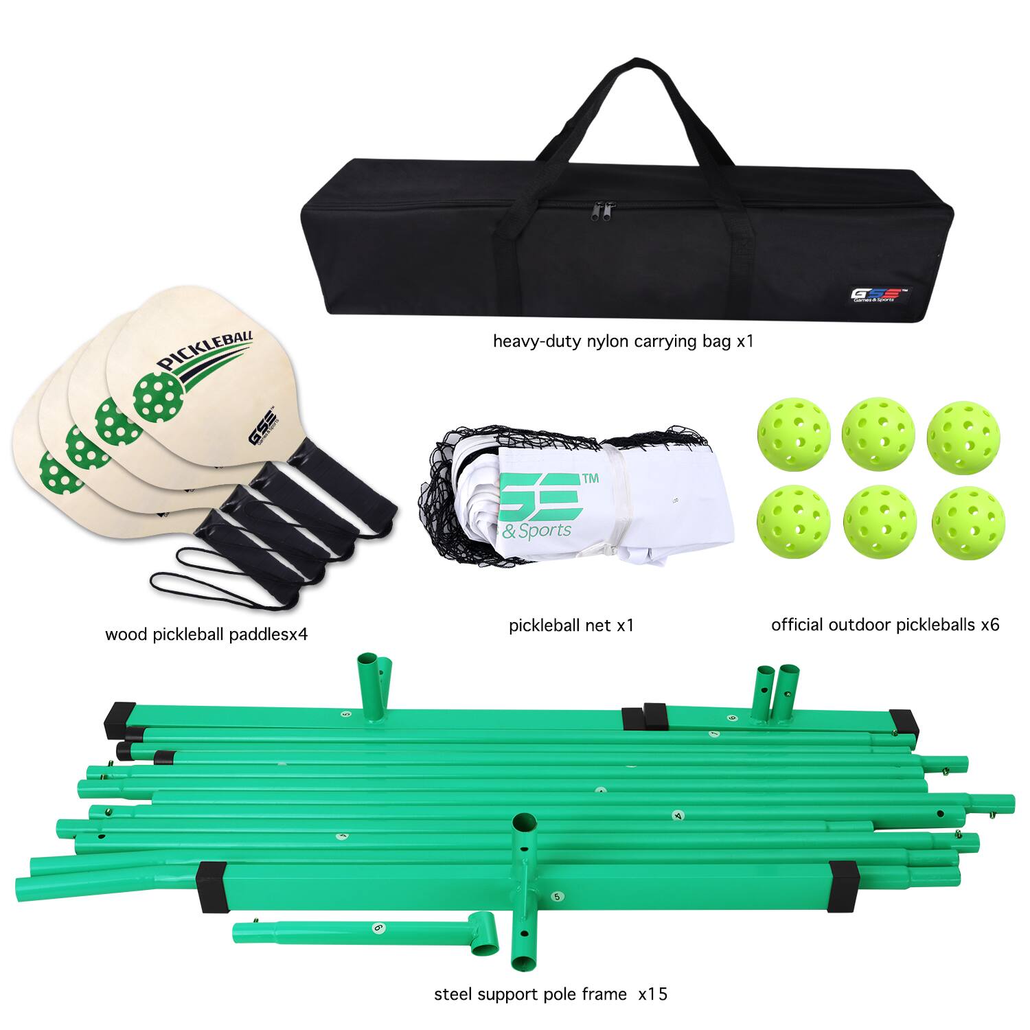 PICKLEBALL, heavy-duty nylon carrying bag x1, wood pickleball paddles x4, pickleball net x1, official outdoor pickleballs x6, steel support pole frame x15
