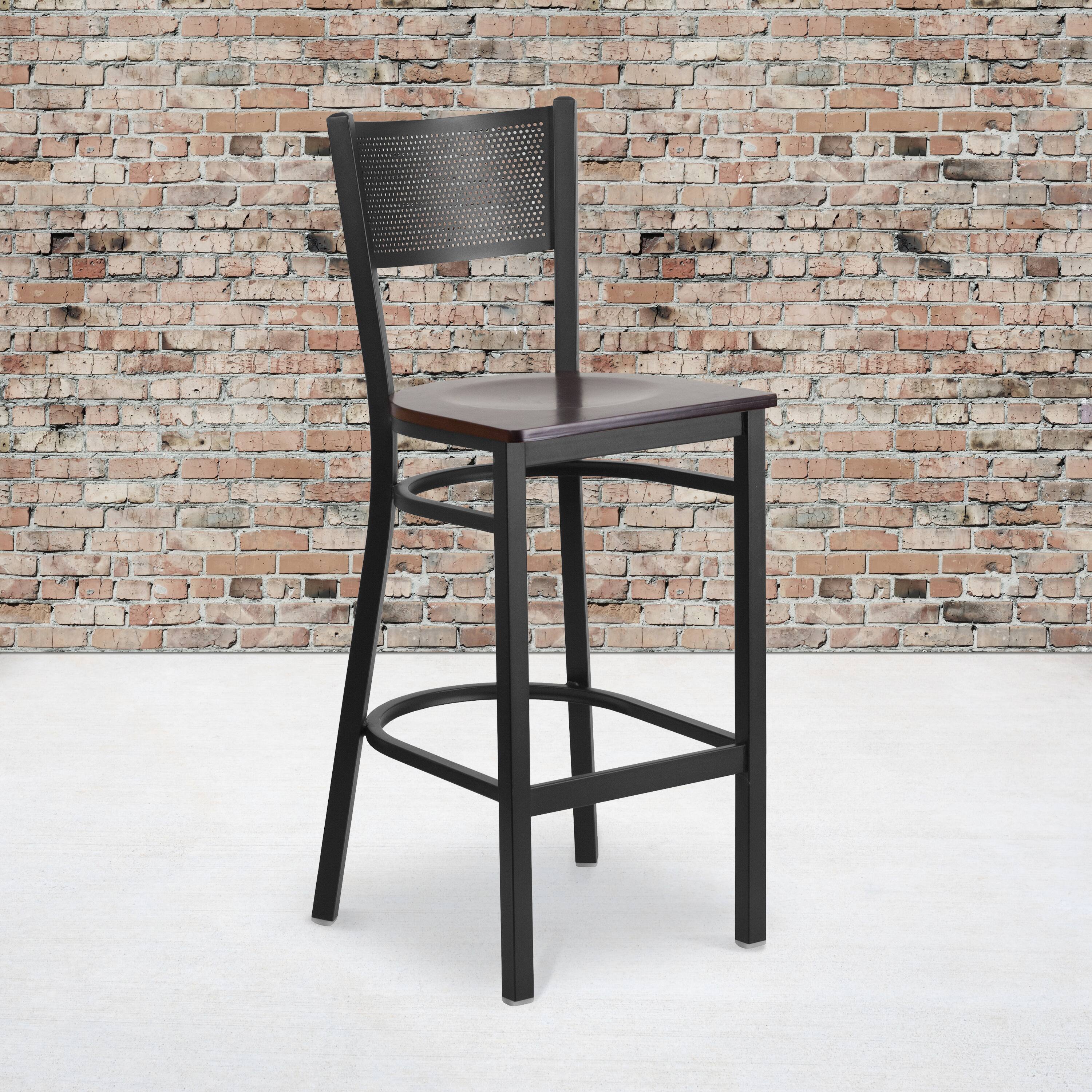 Alt View 1. Emma + Oliver - Grid Back Metal Restaurant Dining Barstool - Walnut Wood Seat/Black Metal Frame.