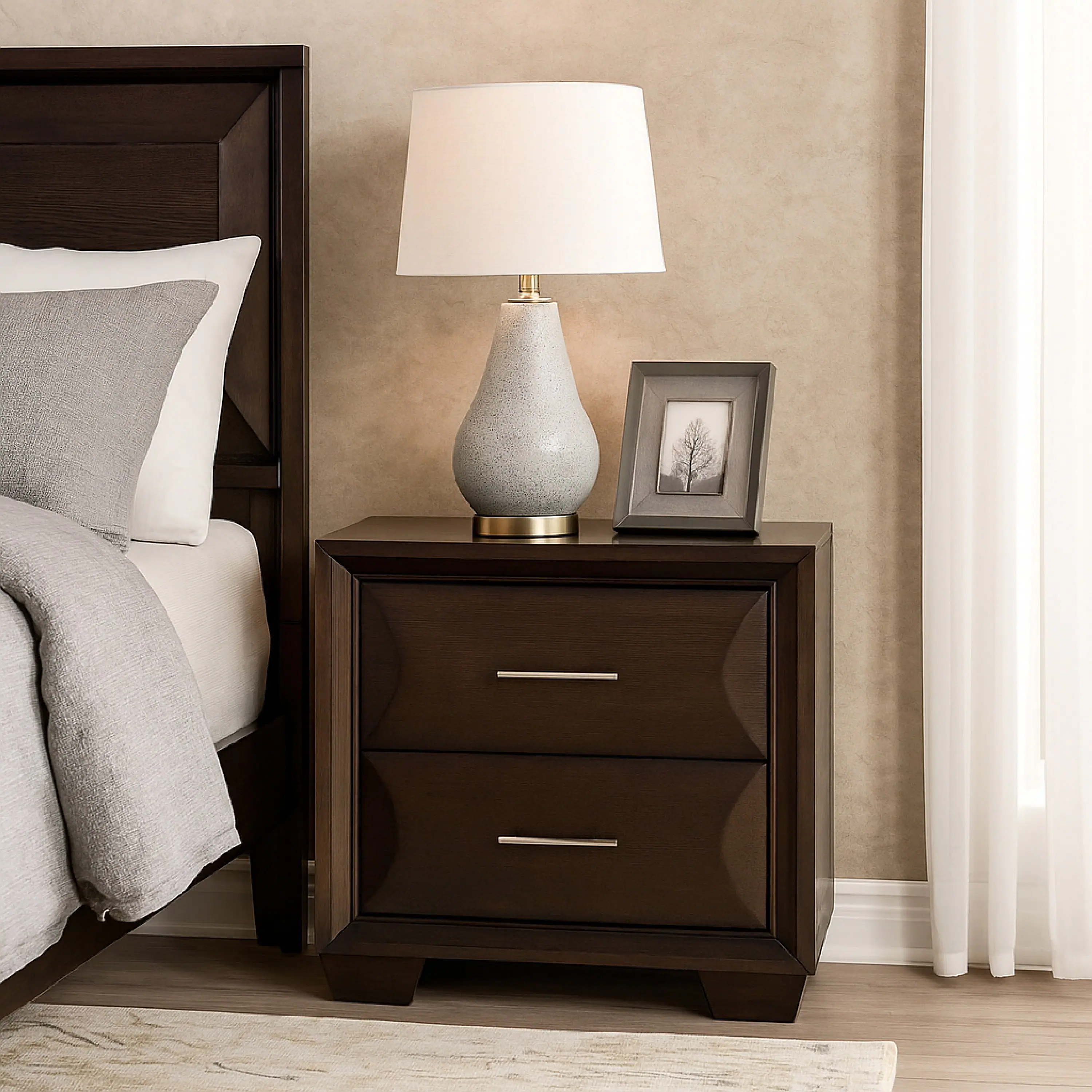 Alt View 5. Manhattan Lane - Nitz Nightstand, 2 Drawers, Espresso Brown Solid Wood, 27 Inch - Espresso Brown, Gold.