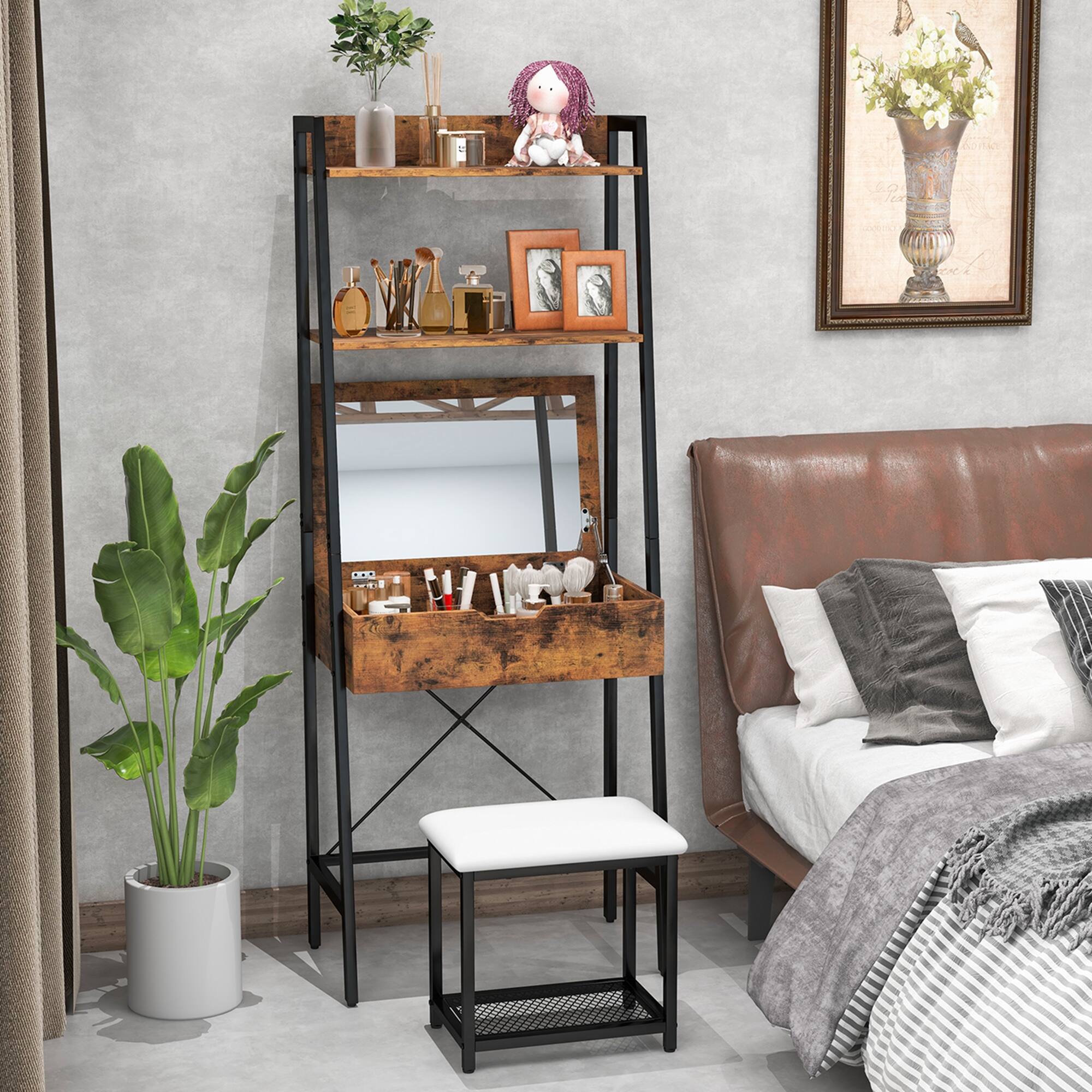 Alt View 1. Costway - Costway Vanity Table Set Flip Top Mirror Ladder Storage Shelf Cushioned Stool - Black,Rustic Brown.