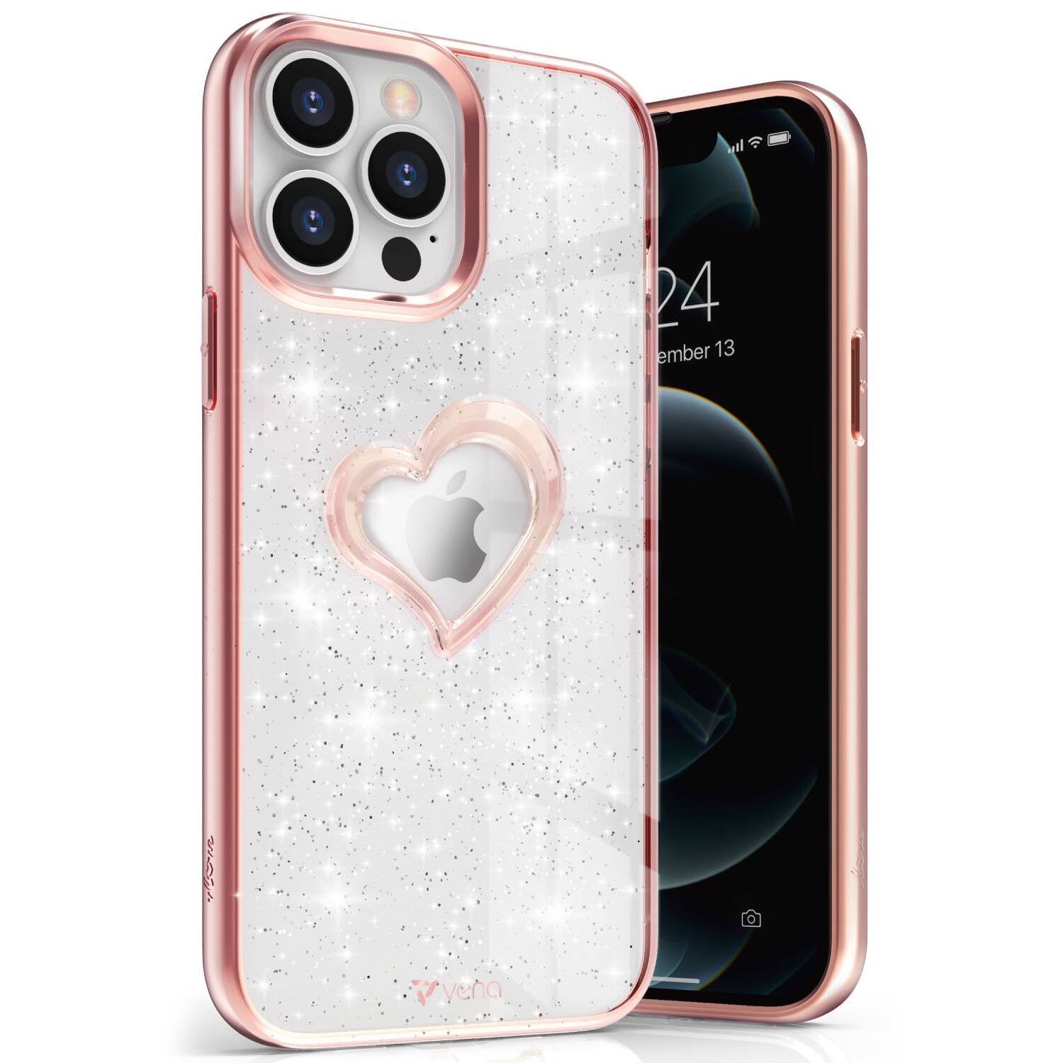 Vena - vLove Glitter Heart Case for Apple iPhone 13 Pro Max - Rose Gold - Multicolored