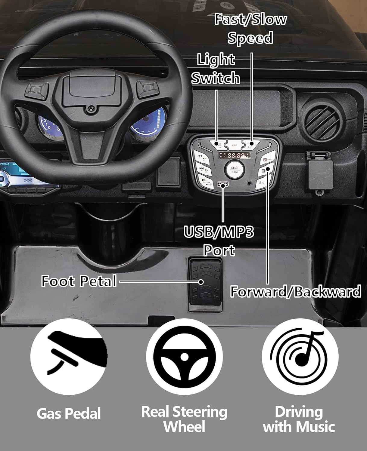 - Fast/Slow Speed
- Light Switch
- USB/MP3 Port
- Foot Petal
- Forward/Backward
- Gas Pedal
- Real Steering Wheel
- Driving with Music