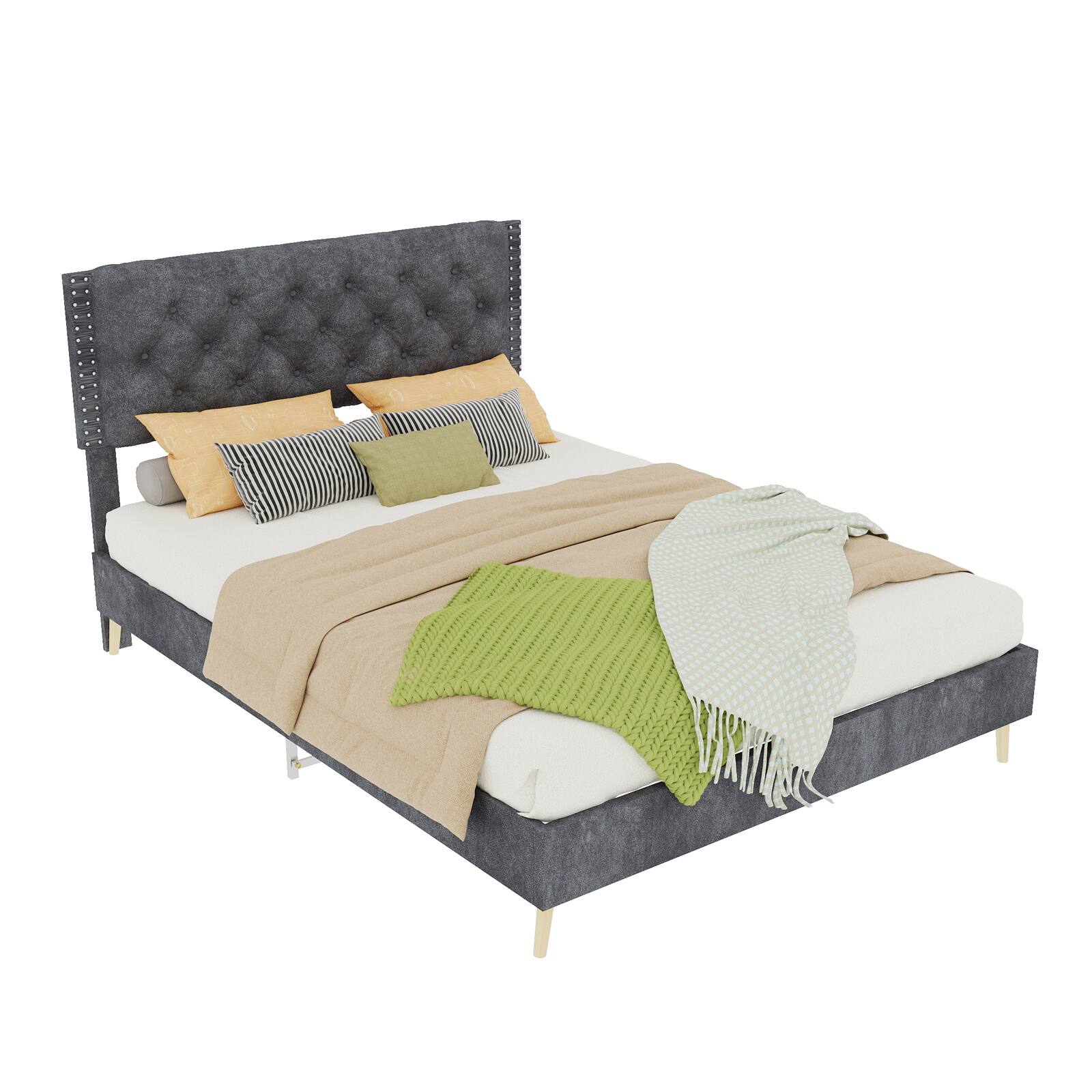 Angle. Loheer - Loheer Full Size Gray Suede Bed Upholstered Platform Bed Frame with Soft Headboard Sturdy Structure - Grey.