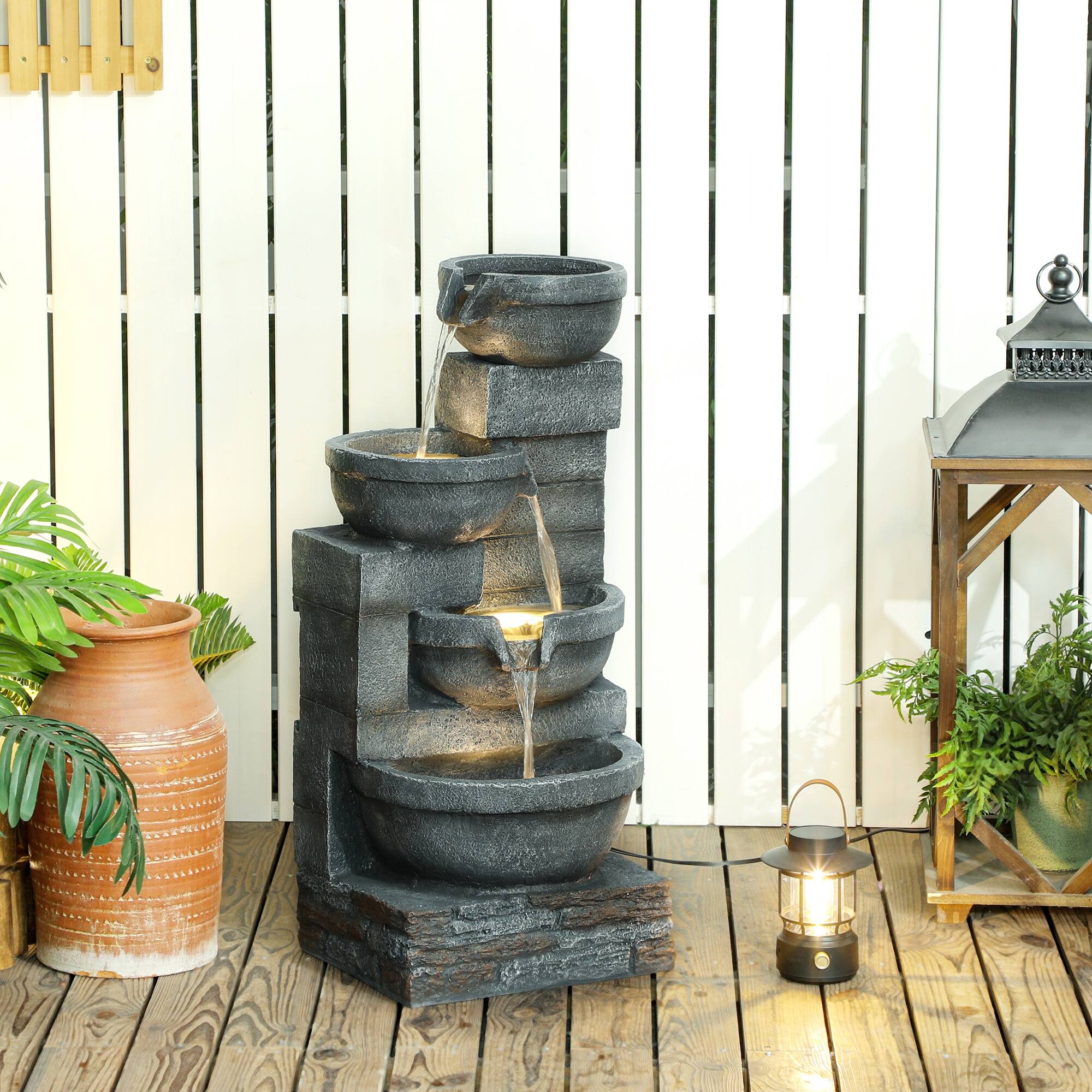 Alt View 1. Outsunny - Tall Outdoor Waterfall Fountain with LED Lights - Gray.