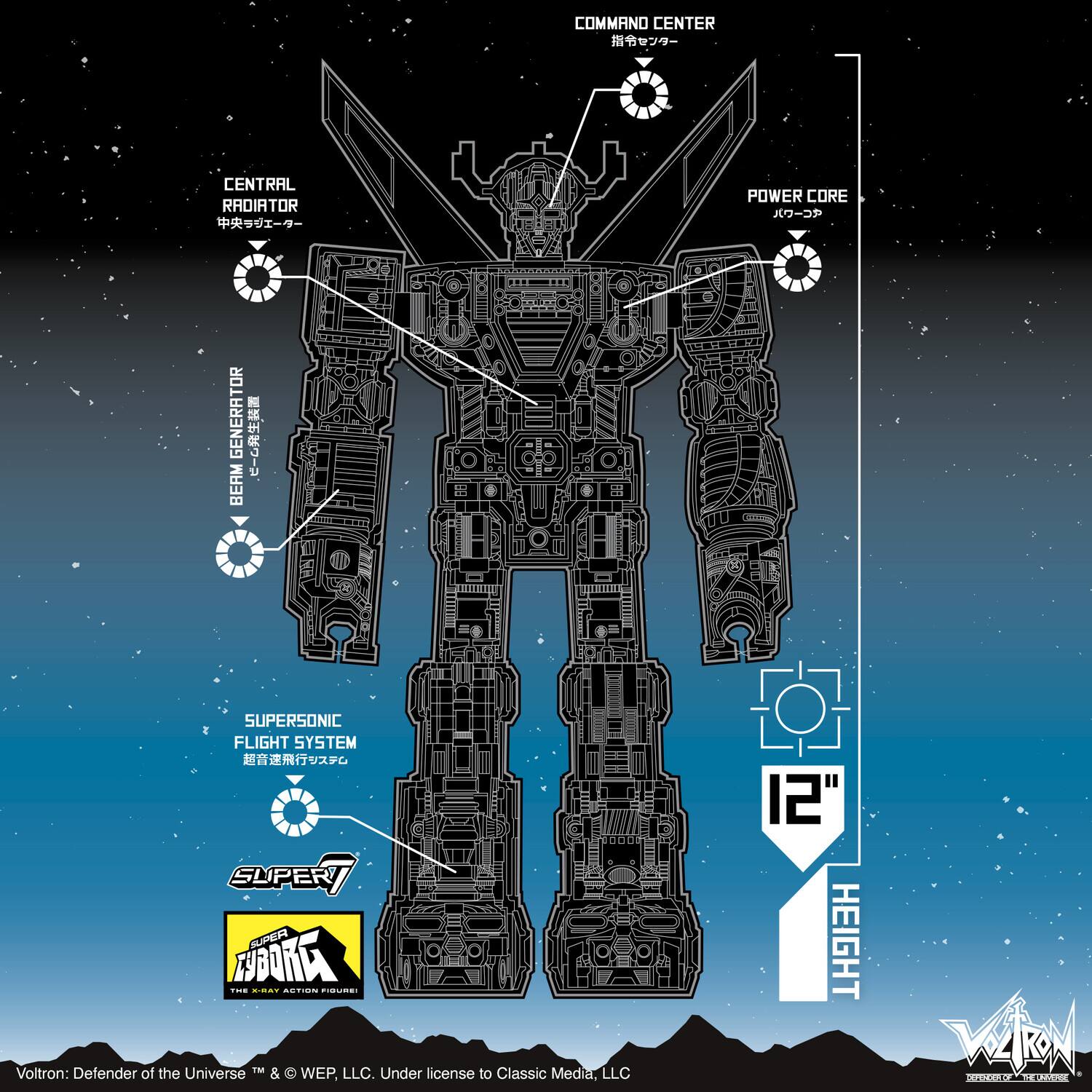 COMMAND CENTER  
Central Radiator  
Power Core  
Berm Generator  
Supersonic Flight System  

Voltron: Defender of the Universe™ & © WEP, LLC. Under license to Classic Media, LLC  

12" HEIGHT  

Super 7  
Voltron  
The Super Action Figure  

Warm  
War of the Universe