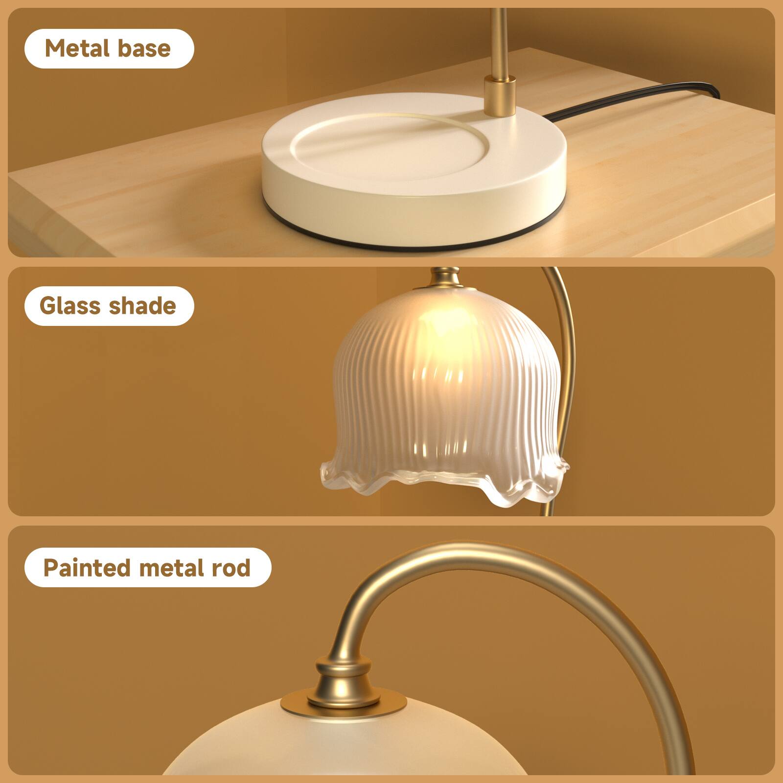 Metal base  
Glass shade  
Painted metal rod