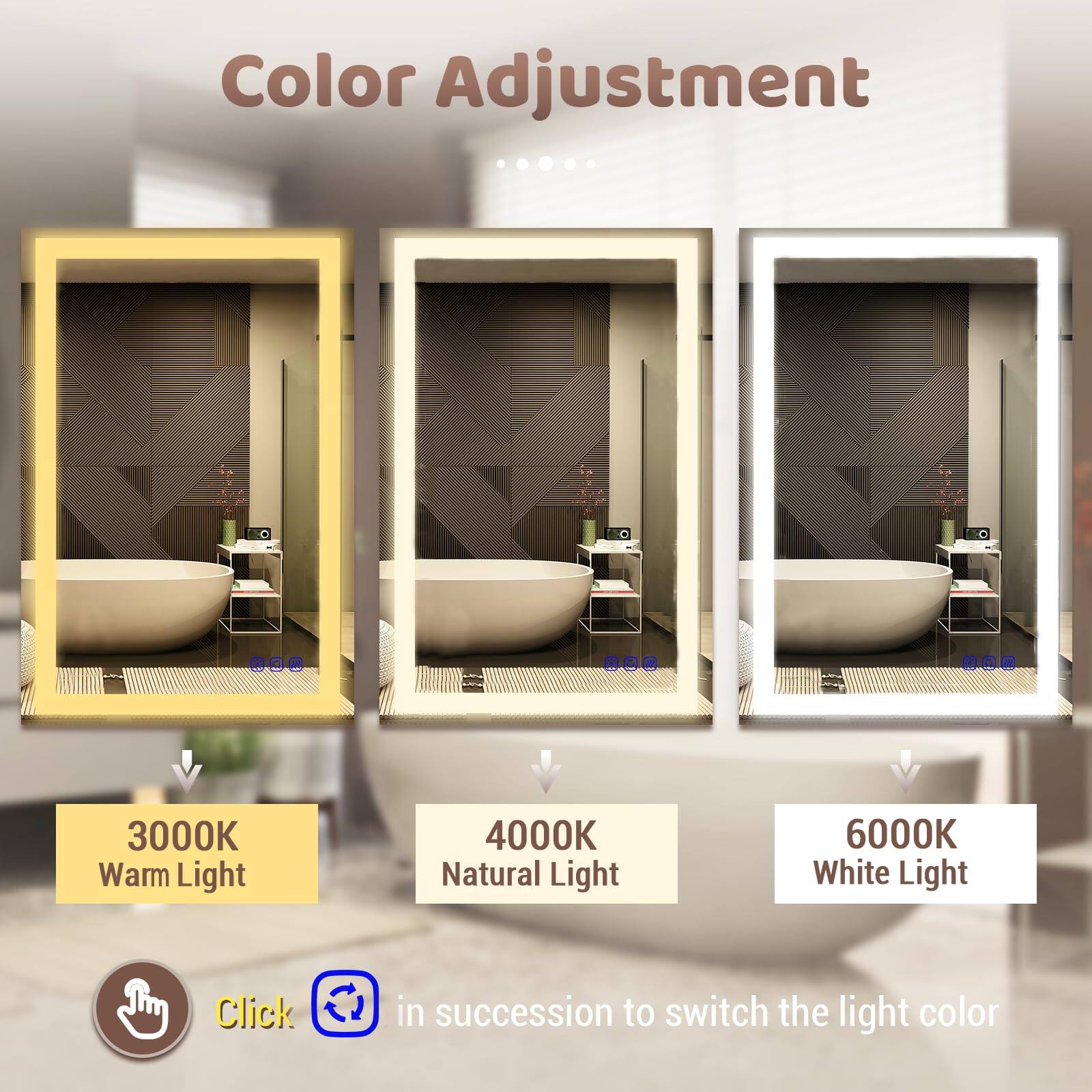 Color Adjustment

3000K Warm Light

4000K Natural Light

6000K White Light

Click in succession to switch the light color