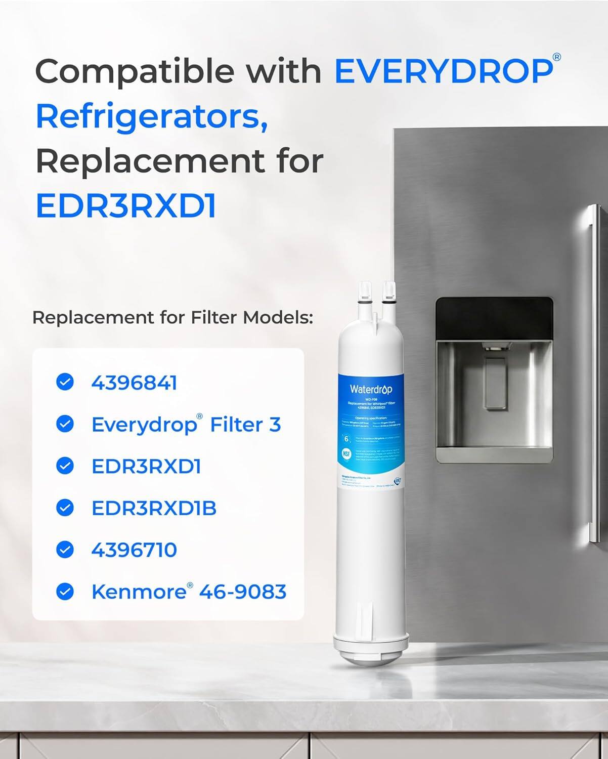 Compatible with EVERYDROP Refrigerators, Replacement for EDR3RXD1

Replacement for Filter Models:
- 4396841 Everydrop Filter 3
- EDR3RXD1
- EDR3RXD1B
- 4396710
- Kenmore 46-9083
