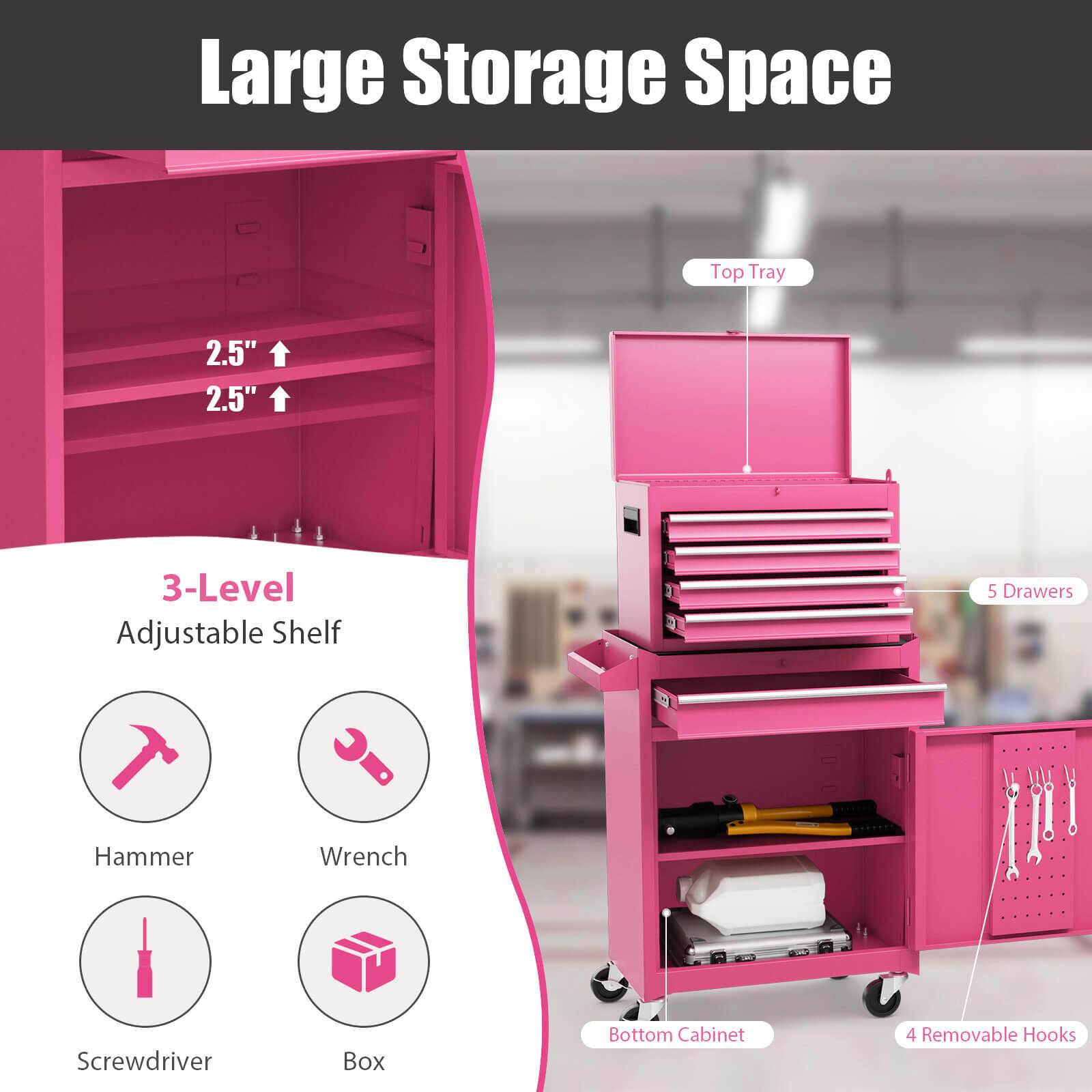 Large Storage Space  
Top Tray  
2.5"  
2.5"  
3-Level Adjustable Shelf  
5 Drawers  
Hammer  
Wrench  
Screwdriver  
Box  
Bottom Cabinet  
4 Removable Hooks