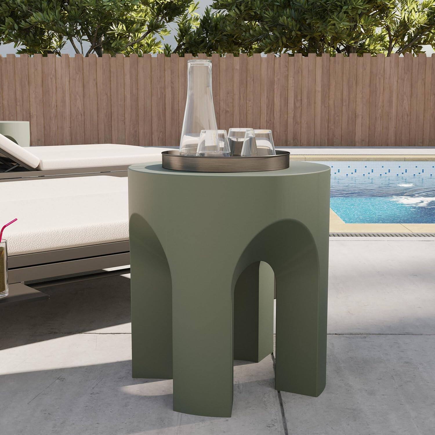 Left. LeisureMod - Crus Arched Fiberstone Side Table, Heavy Duty & Indoor/Outdoor Modern Accent Table - Gray.