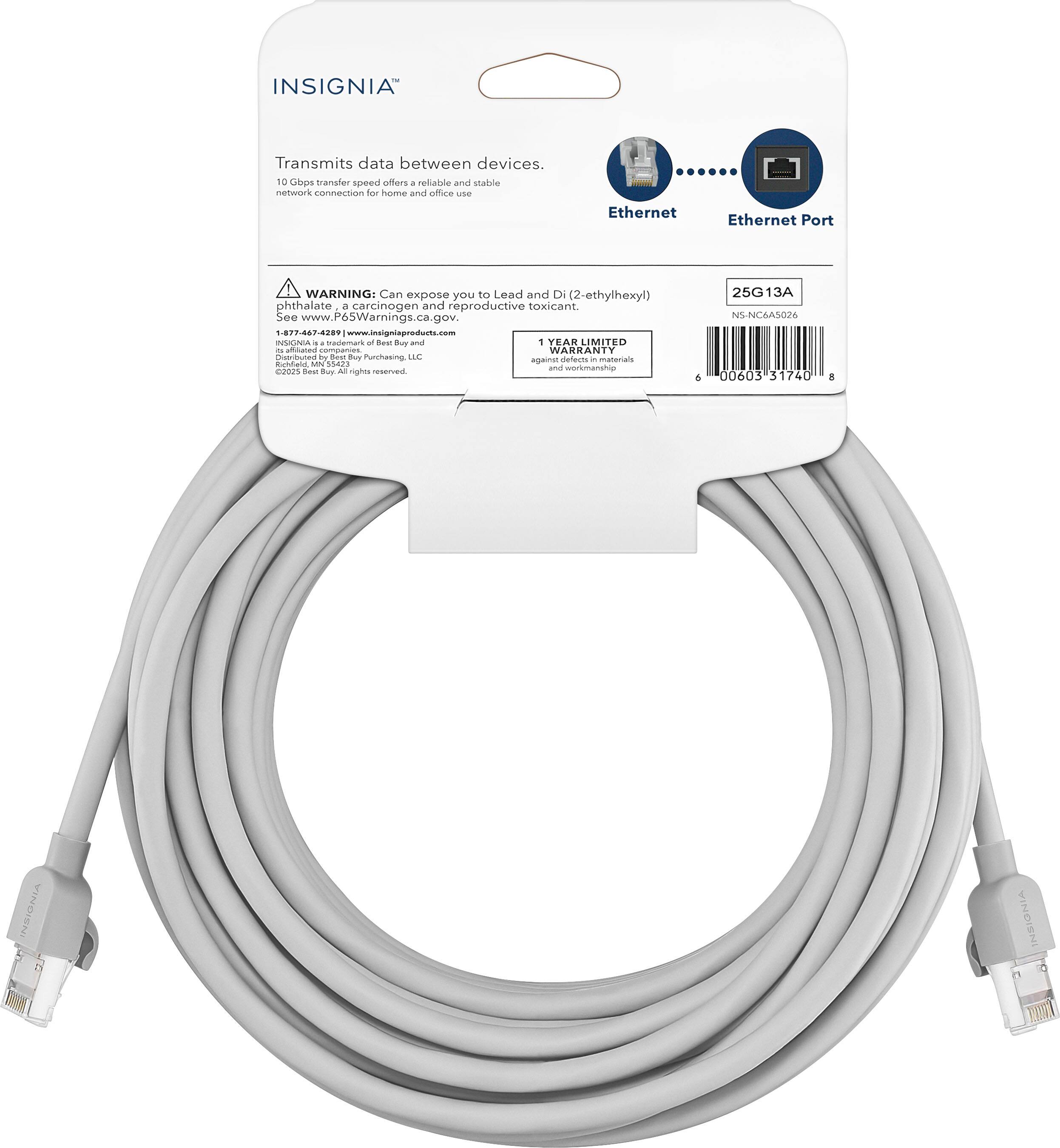 INSIGNIA

Transmits data between devices.  
10 Gbps transfer speed offers a reliable and stable network connection for home and office.

Ethernet  
Ethernet Port

WARNING: Can expose you to Lead and Di(2-ethylhexyl) phthalate, a carcinogen and reproductive toxicant.  
See www.P65Warnings.ca.gov.

1 YEAR LIMITED WARRANTY  
Against defects in materials and workmanship.

25G13A  
NS-NC6A5026  
00603 31740

INSIGNIA  
Purhasing, LLC  
1-877-467-4289  
www.insigniaproducts.com  
©2018 Purchasing, LLC. All rights reserved.