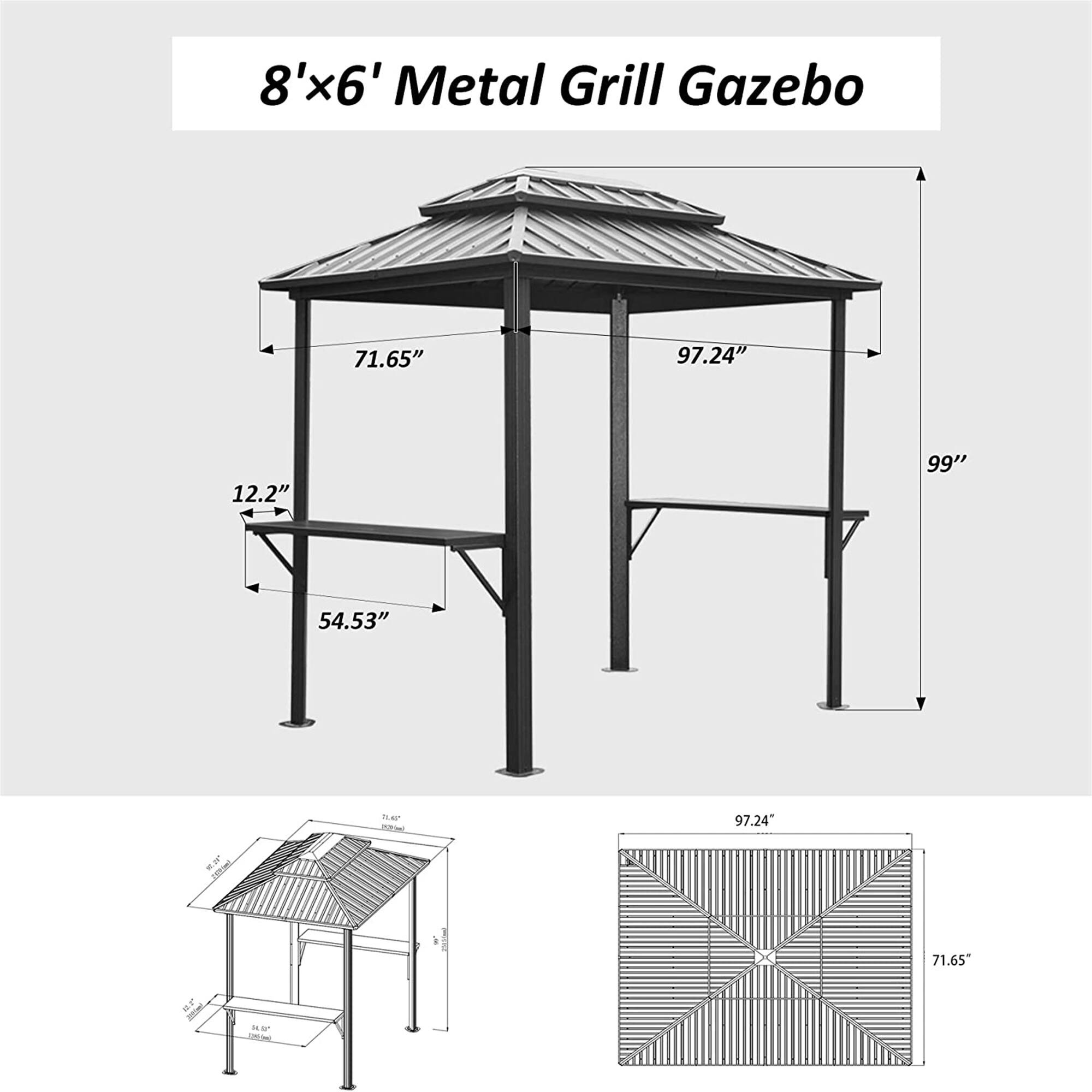 8'x6' Metal Grill Gazebo

- 71.65"
- 97.24"
- 12.2"
- 99"
- 54.53"
- 97.24"
- 71.65"