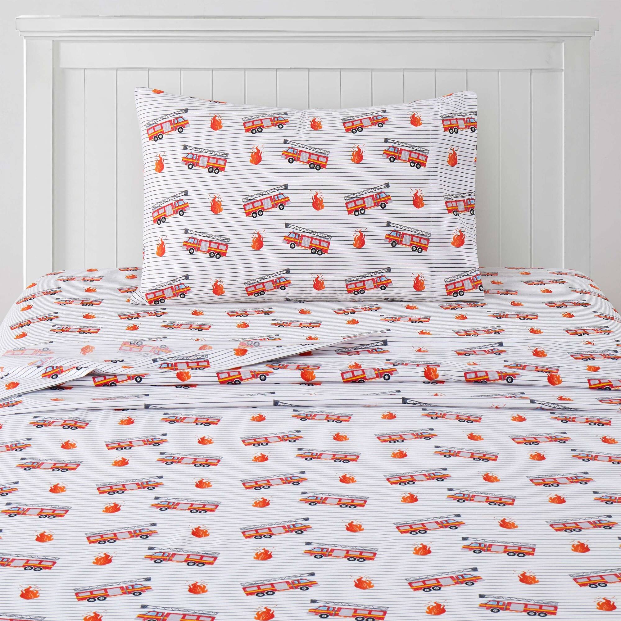 Angle. Sweet Home Collection - Kids' Printed Classic & Bright Ultra Soft Microfiber Sheet Sets - Twin - Fire Trucks.