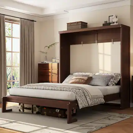 Front. Whisen - Full Size Murphy Bed with Cabinet, Wood & MDF Foldable Guest Bed, Space-Saving Furniture - Espresso.