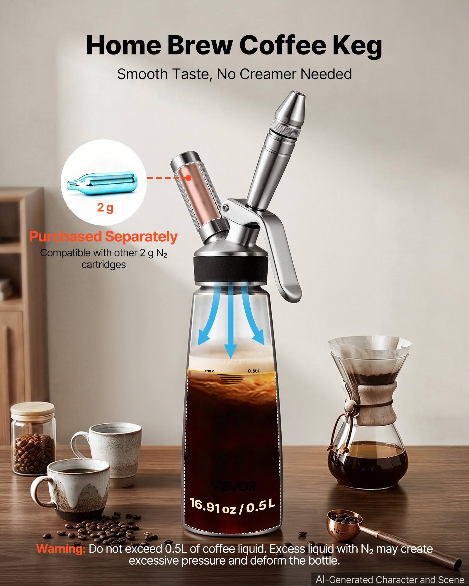 Home Brew Coffee Keg  
Smooth Taste, No Creamer Needed  

2g  
Purchased Separately  
Compatible with other 2 g N2 cartridges  

VEVOR 16.91 oz/0.5L  

Warning: Do not exceed 0.5L of coffee liquid. Excess liquid with N2 may create excessive pressure and deform the bottle.  

AI-Generated Character and Scene