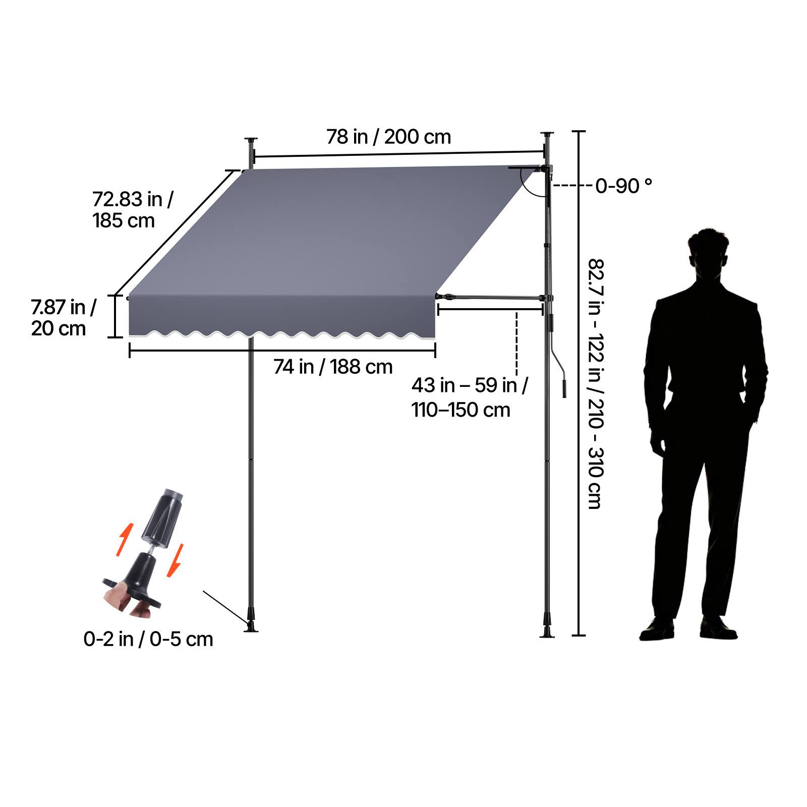 72.83 in / 185 cm  
7.87 in / 20 cm  
78 in / 200 cm  
74 in / 188 cm  
43 in - 59 in / 110-150 cm  
82.7 in - 122 in / 210-310 cm  
0-2 in / 0-5 cm
