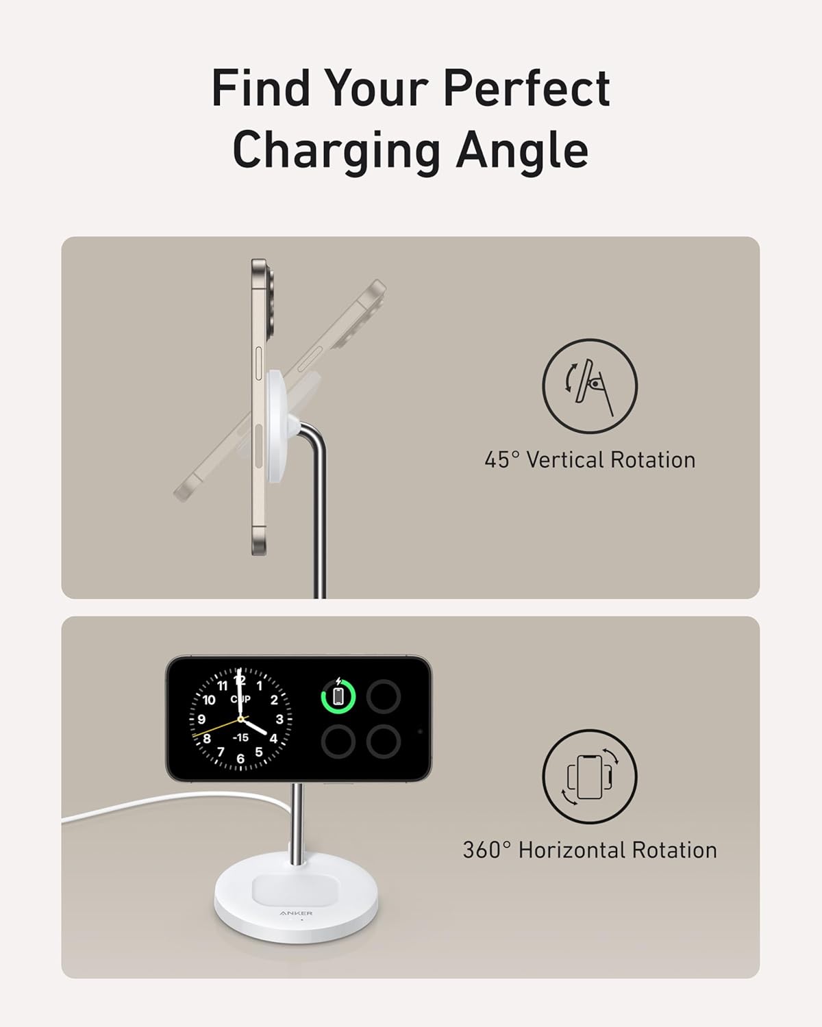 Find Your Perfect Charging Angle

45° Vertical Rotation

360° Horizontal Rotation