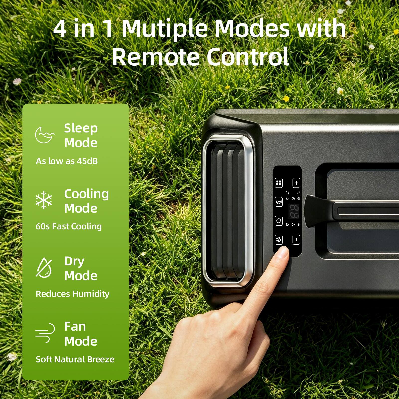 4 in 1 Multiple Modes with Remote Control

- Sleep Mode: As low as 45dB
- Cooling Mode: 60s Fast Cooling
- Dry Mode: Reduces Humidity
- Fan Mode: Soft Natural Breeze