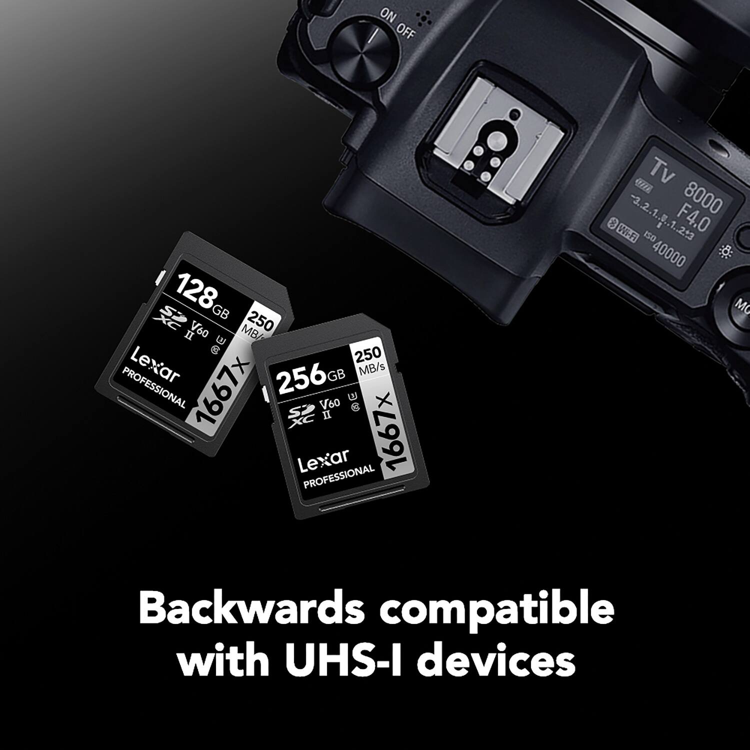 ON OFF 128 GB V60 MB/s 250 II & 250 Lexar 256GB GB MB/s PROFESSIONAL 1667x V60 E I Lexar 1667x PROFESSIONAL OUE TV 8000 8 Wi-Fi 2.2.1.8.1.213 F4.0 ISO 40000 MG Backwards compatible with UHS-I devices
