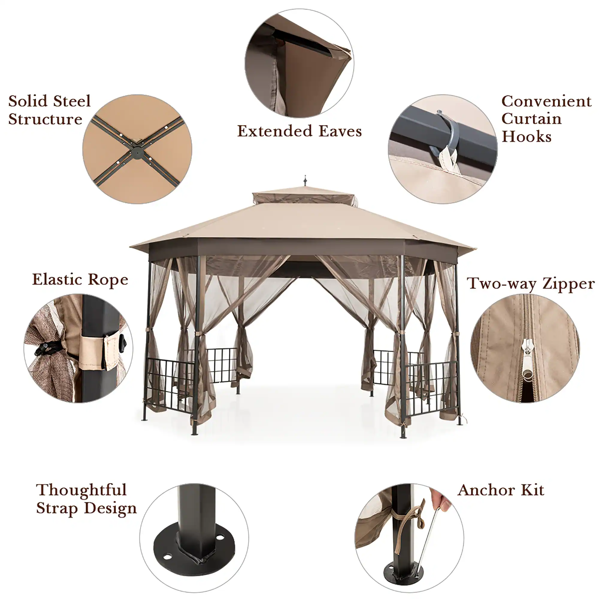 - Solid Steel Structure
- Extended Eaves
- Convenient Curtain Hooks
- Elastic Rope
- Two-way Zipper
- Thoughtful Strap Design
- Anchor Kit