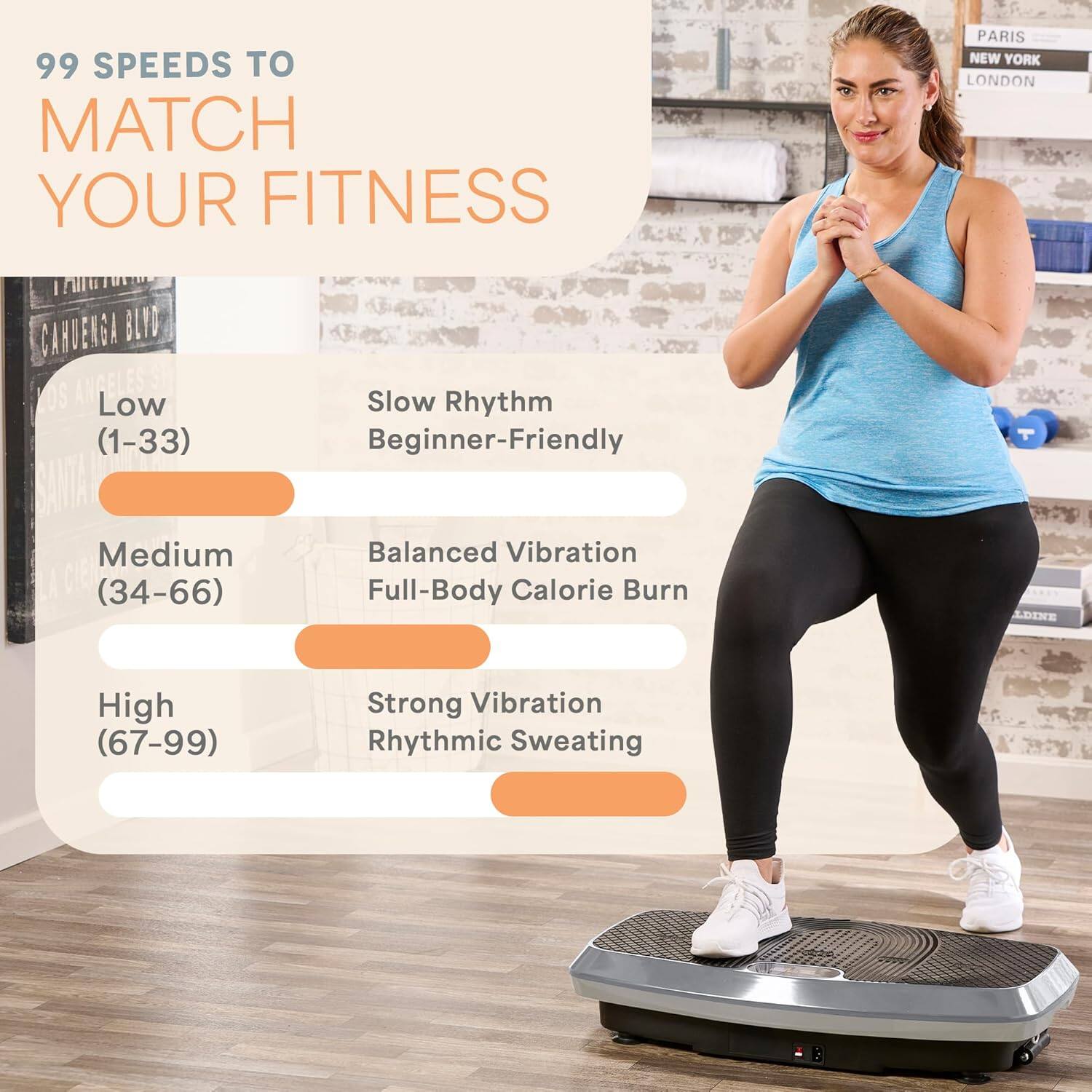 99 SPEEDS TO MATCH YOUR FITNESS

Low (1-33)  
Slow Rhythm  
Beginner-Friendly

Medium (34-66)  
Balanced Vibration  
Full-Body Calorie Burn

High (67-99)  
Strong Vibration  
Rhythmic Sweating