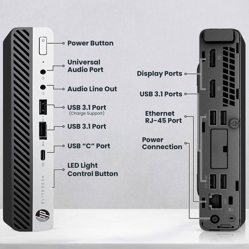 Power Button  
Universal Audio Port  
Audio Line Out  
USB 3.1 Port (Charge Support)  
USB 3.1 Port  
USB "C" Port  
LED Light Control Button  

Display Ports  
USB 3.1 Ports  
Ethernet RJ-45 Port  
Power Connection