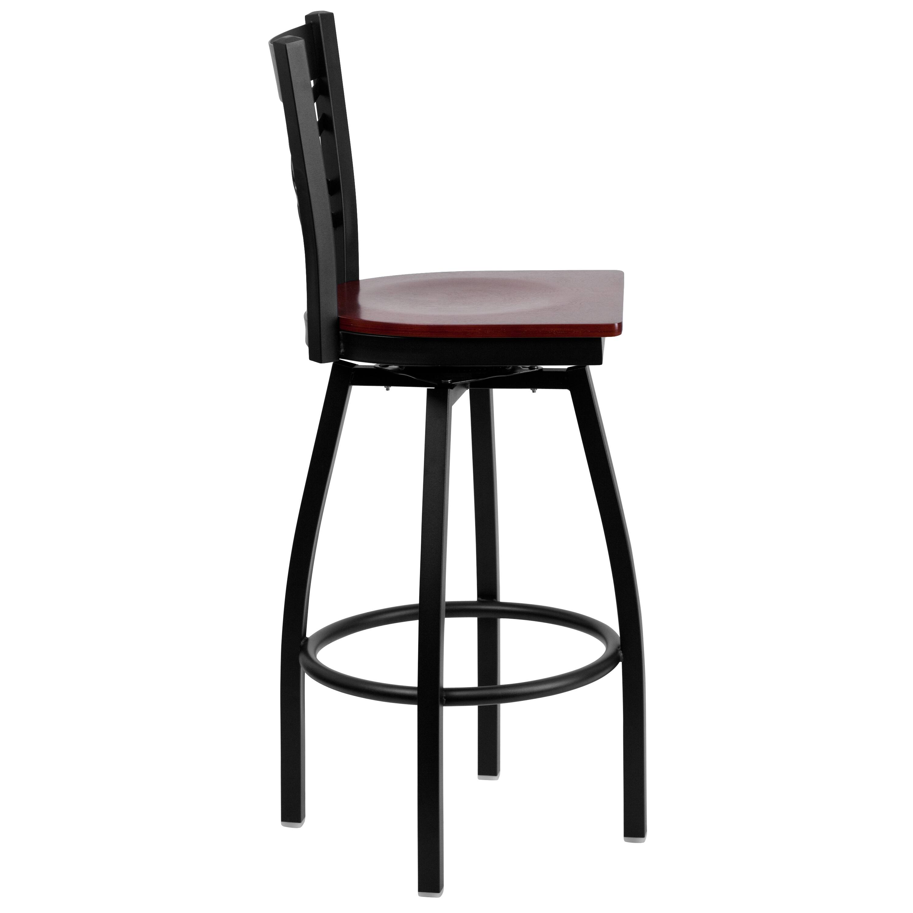 Alt View 4. Emma + Oliver - "X" Back Swivel Metal Restaurant Dining Barstool - Mahogany Wood Seat/Black Metal Frame.