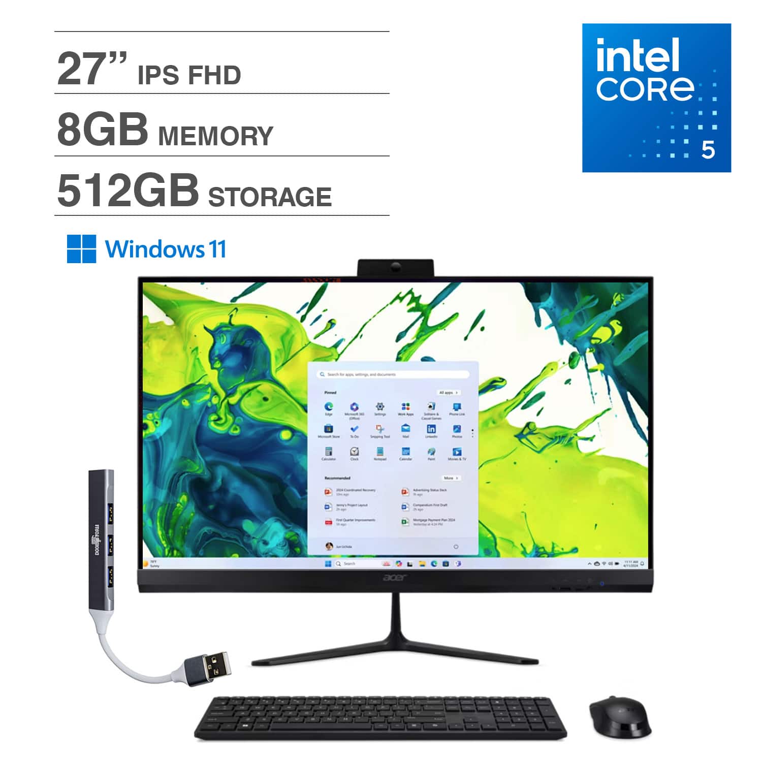 Acer - Aspire C27 All-in-One 27 FHD Display (Core 5 120U, 8GB, 512GB SSD, Integrated Graphics, Win 11 Home) w/USB Hub