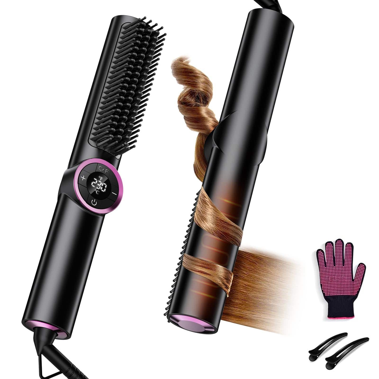 Reds Spade - Hair Straightener Brush For Women Negative Ionic in Curling Straightening Ceramic Hot Comb With Temps - Black