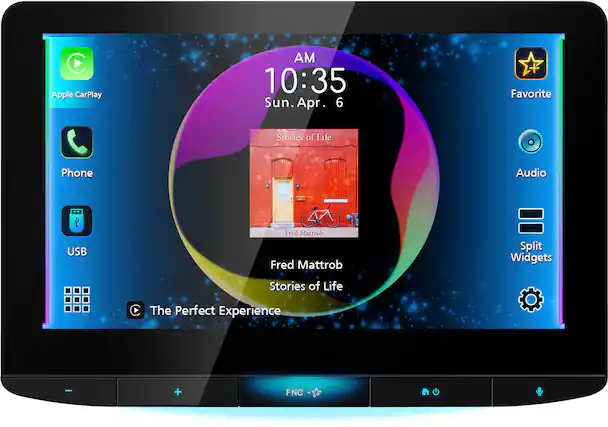 Apple CarPlay AM 10:35 Sun. Apr. 6 Favorite Stories of Life Phone Audio USB Fred Mattrob Fred Mattrob Split Widgets Stories of Life The Perfect Experience - + FNC