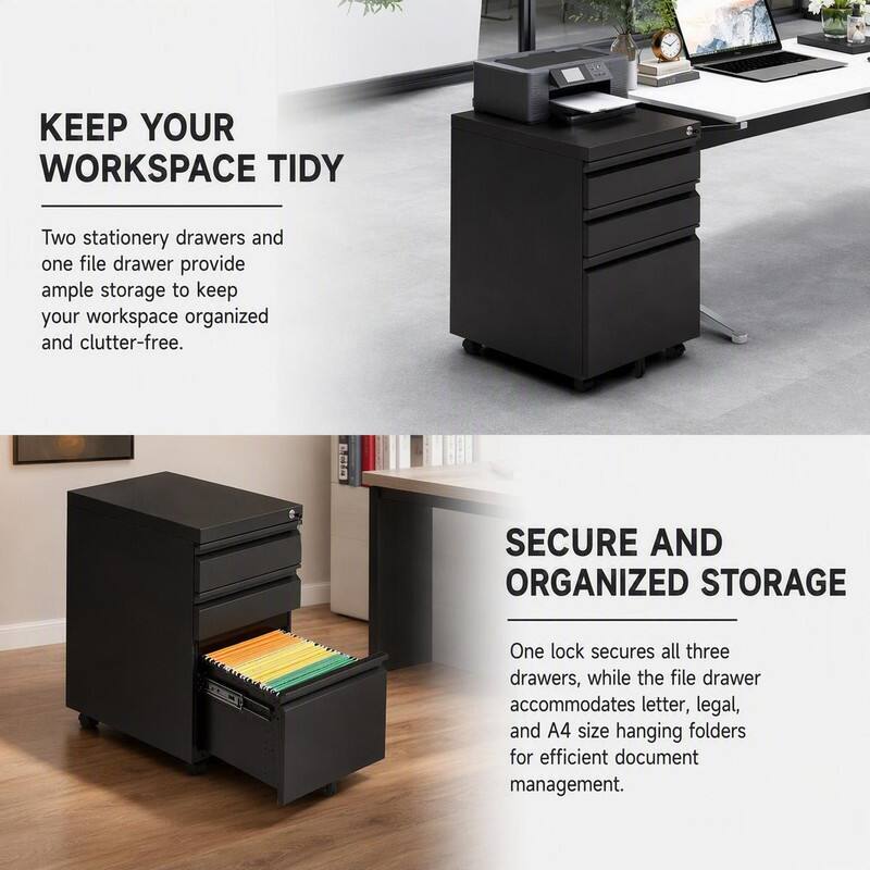 KEEP YOUR WORKSPACE TIDY

Two stationery drawers and one file drawer provide ample storage to keep your workspace organized and clutter-free.

SECURE AND ORGANIZED STORAGE

One lock secures all three drawers, while the file drawer accommodates letter, legal, and A4 size hanging folders for efficient document management.